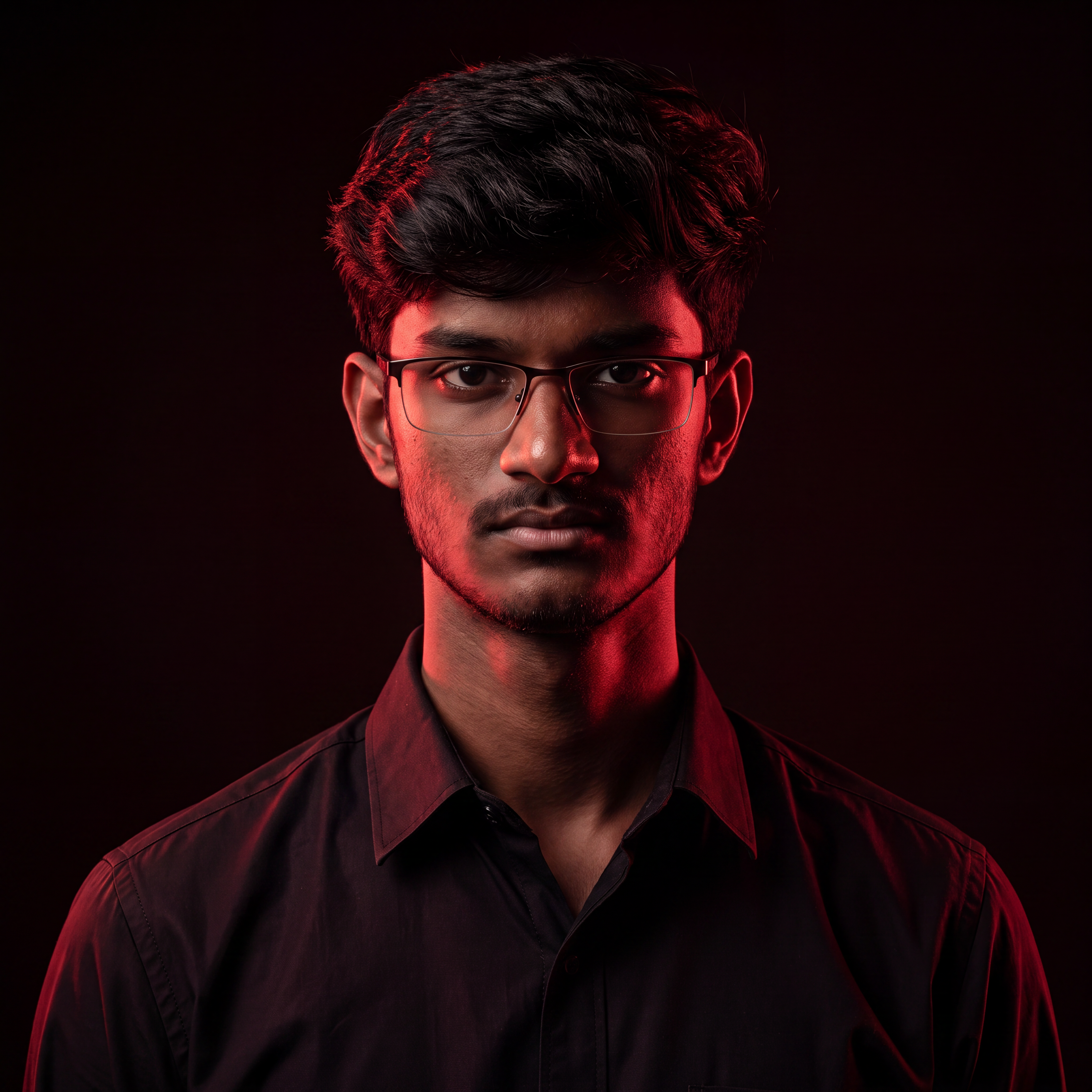 AI Design for Cinematic portrait, straight-on facial expression, hyper-realistic skin texture. Dramatic duotone lighting using only deep matte black (#000000) and rich crimson red (#B00020). Intense crimson directional side lighting sculpting the cheekbones, jawline, and hair texture, transitioning into deep black shadows on the opposite side. Minimalist, solid black background. Premium luxury fashion editorial aesthetic, high-contrast film noir style, sharp facial details, volumetric lighting, 8k resolution, photorealistic, no text, no logos. Use the attached image as the primary composition and structural reference.