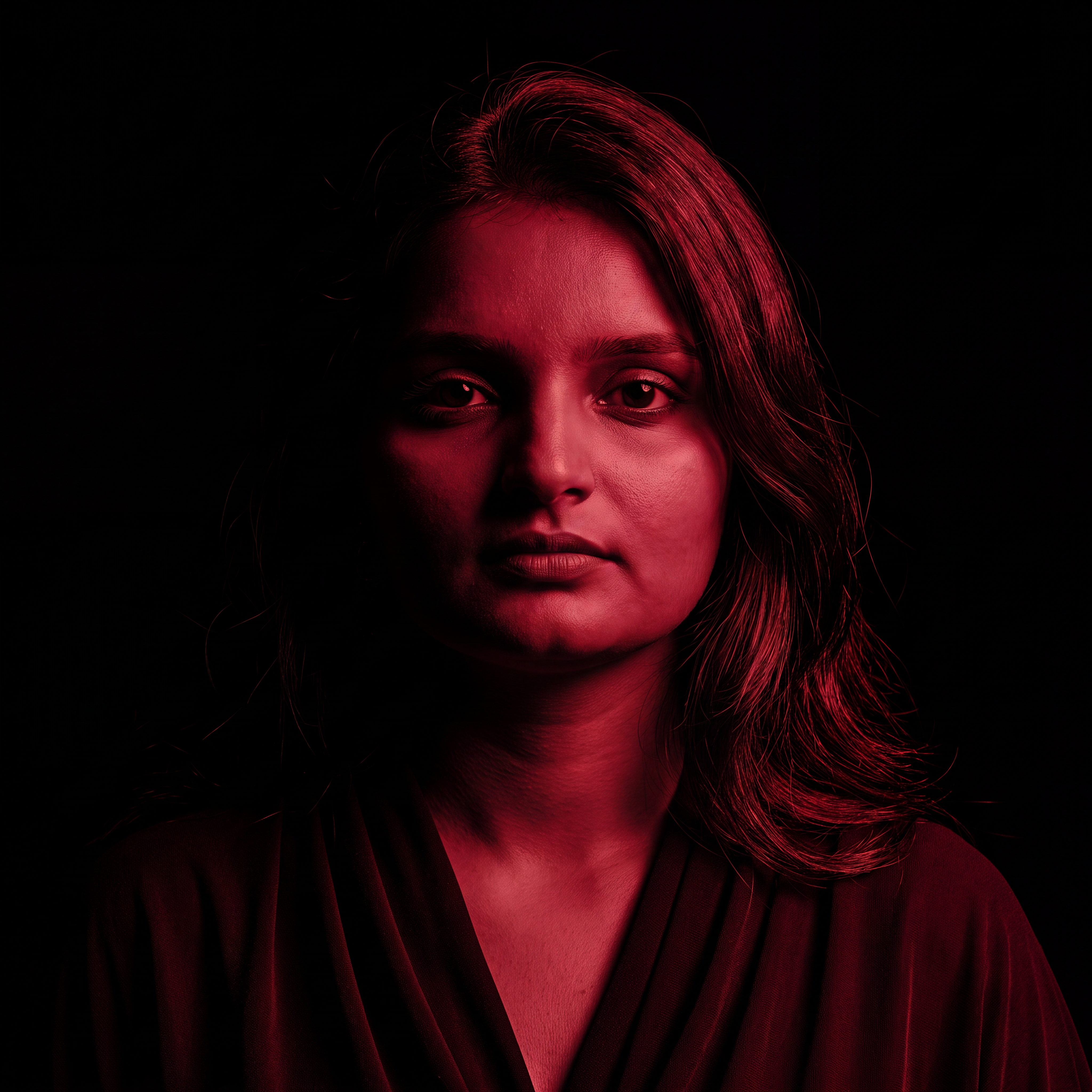 AI Design for Cinematic portrait, straight-on facial expression, hyper-realistic skin texture. Dramatic duotone lighting using only deep matte black (#000000) and rich crimson red (#B00020). Intense crimson directional side lighting sculpting the cheekbones, jawline, and hair texture, transitioning into deep black shadows on the opposite side. Minimalist, solid black background. Premium luxury fashion editorial aesthetic, high-contrast film noir style, sharp facial details, volumetric lighting, 8k resolution, photorealistic, no text, no logos. Use the attached image as the primary composition and structural reference.
