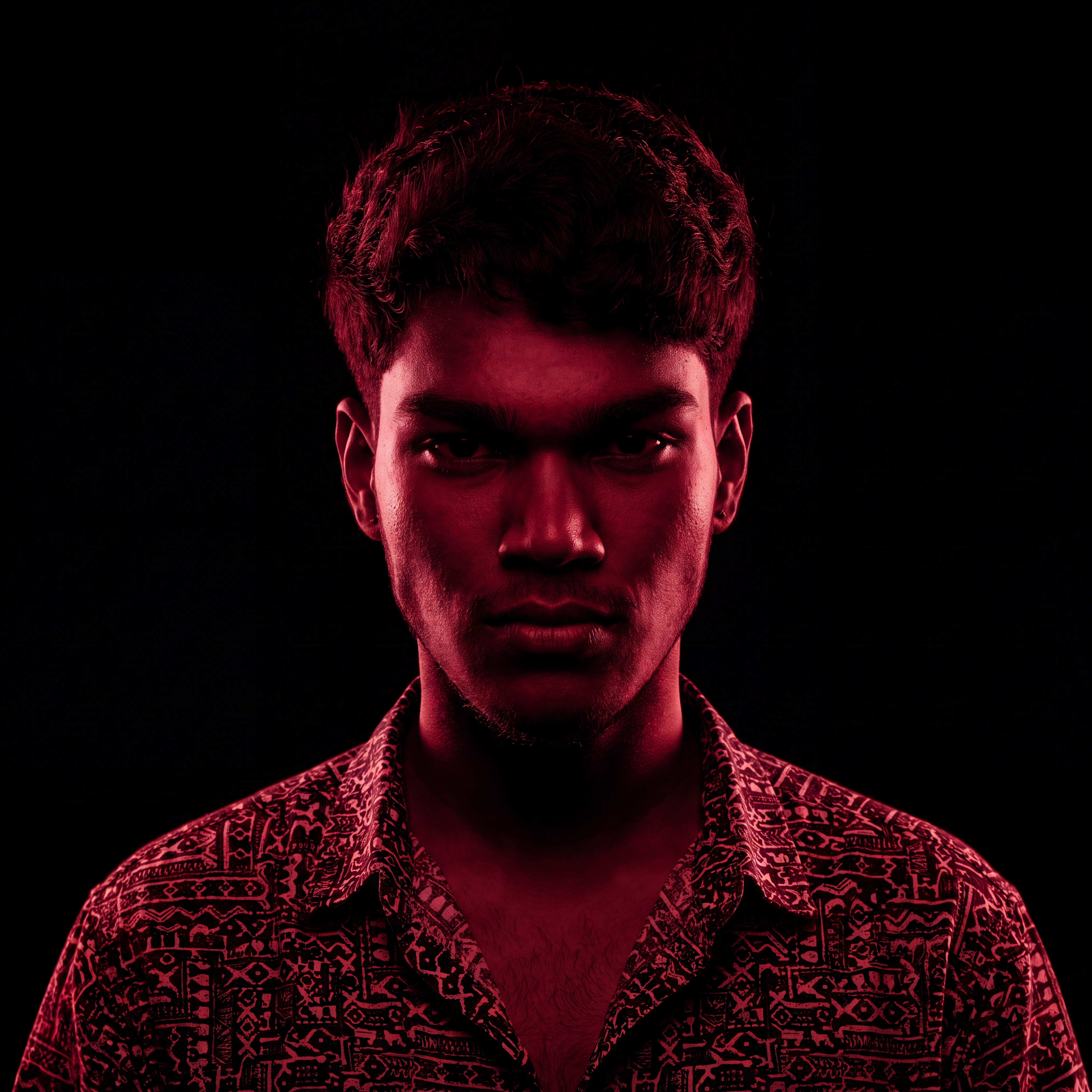 AI Design for Cinematic portrait, straight-on facial expression, hyper-realistic skin texture. Dramatic duotone lighting using only deep matte black (#000000) and rich crimson red (#B00020). Intense crimson directional side lighting sculpting the cheekbones, jawline, and hair texture, transitioning into deep black shadows on the opposite side. Minimalist, solid black background. Premium luxury fashion editorial aesthetic, high-contrast film noir style, sharp facial details, volumetric lighting, 8k resolution, photorealistic, no text, no logos. Use the attached image as the primary composition and structural reference.