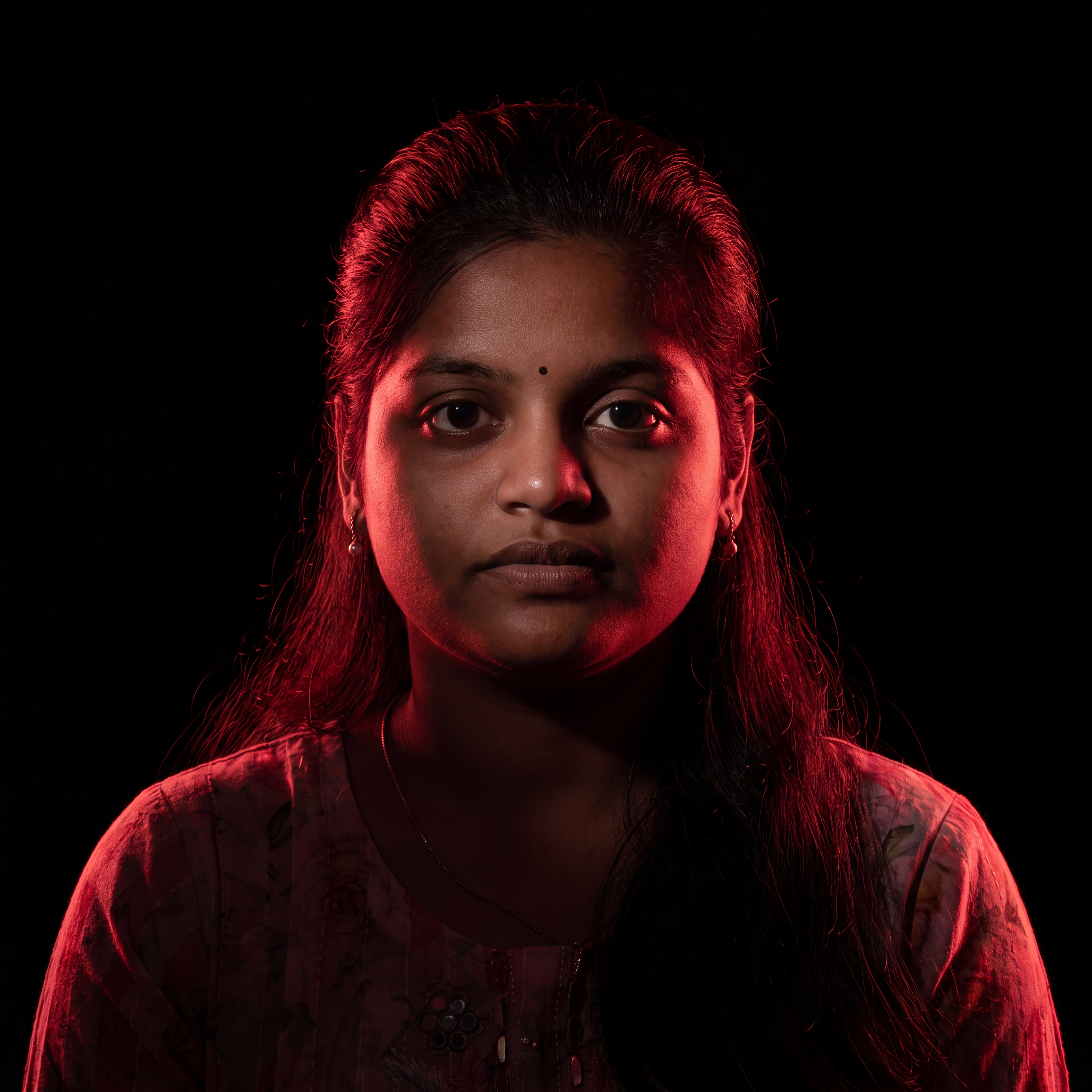 AI Design for Cinematic portrait, straight-on facial expression, hyper-realistic skin texture. Dramatic duotone lighting using only deep matte black (#000000) and rich crimson red (#B00020). Intense crimson directional side lighting sculpting the cheekbones, jawline, and hair texture, transitioning into deep black shadows on the opposite side. Minimalist, solid black background. Premium luxury fashion editorial aesthetic, high-contrast film noir style, sharp facial details, volumetric lighting, 8k resolution, photorealistic, no text, no logos. Use the attached image as the primary composition and structural reference.