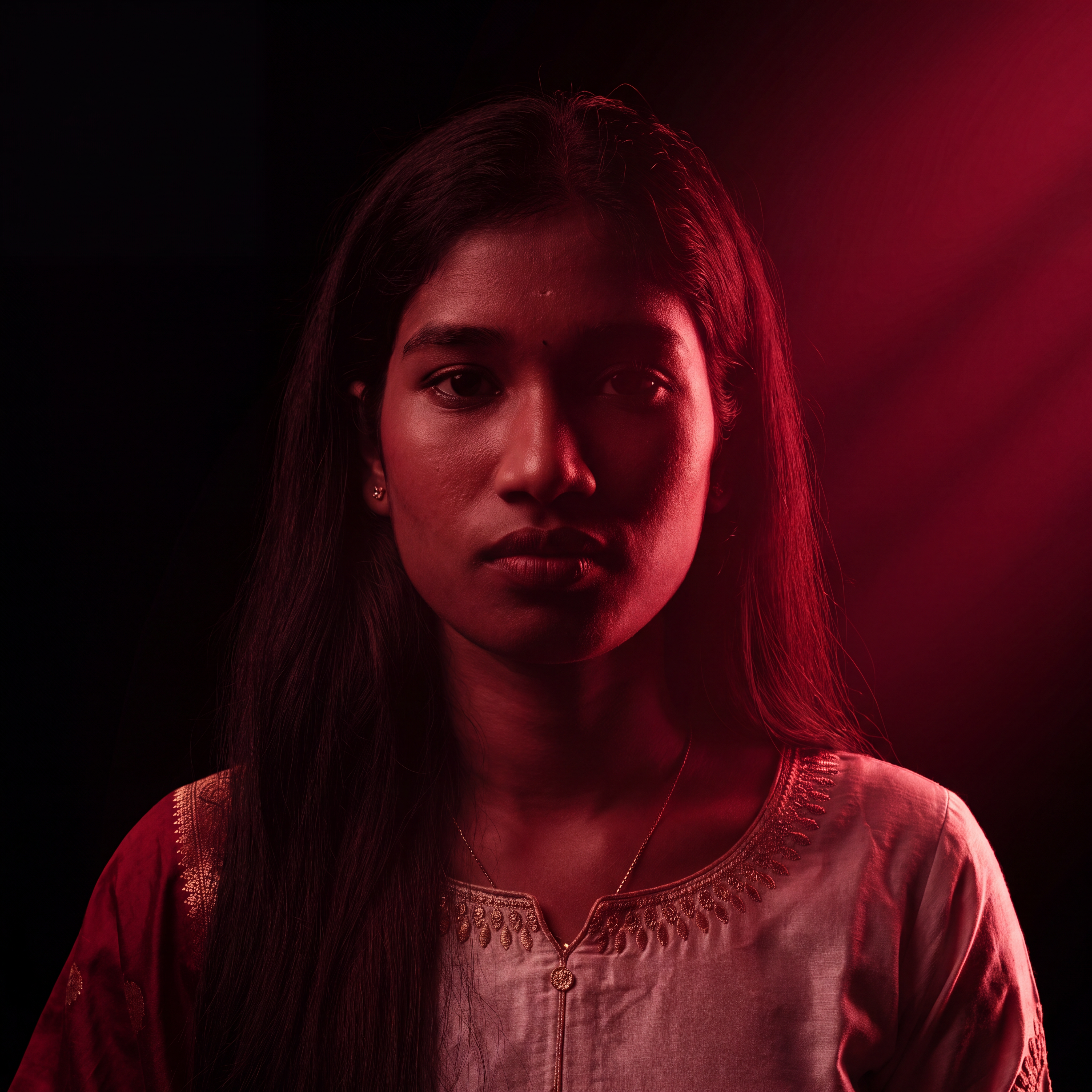 AI Design for Cinematic portrait, straight-on facial expression, hyper-realistic skin texture. Dramatic duotone lighting using only deep matte black (#000000) and rich crimson red (#B00020). Intense crimson directional side lighting sculpting the cheekbones, jawline, and hair texture, transitioning into deep black shadows on the opposite side. Minimalist, solid black background. Premium luxury fashion editorial aesthetic, high-contrast film noir style, sharp facial details, volumetric lighting, 8k resolution, photorealistic, no text, no logos. Use the attached image as the primary composition and structural reference.