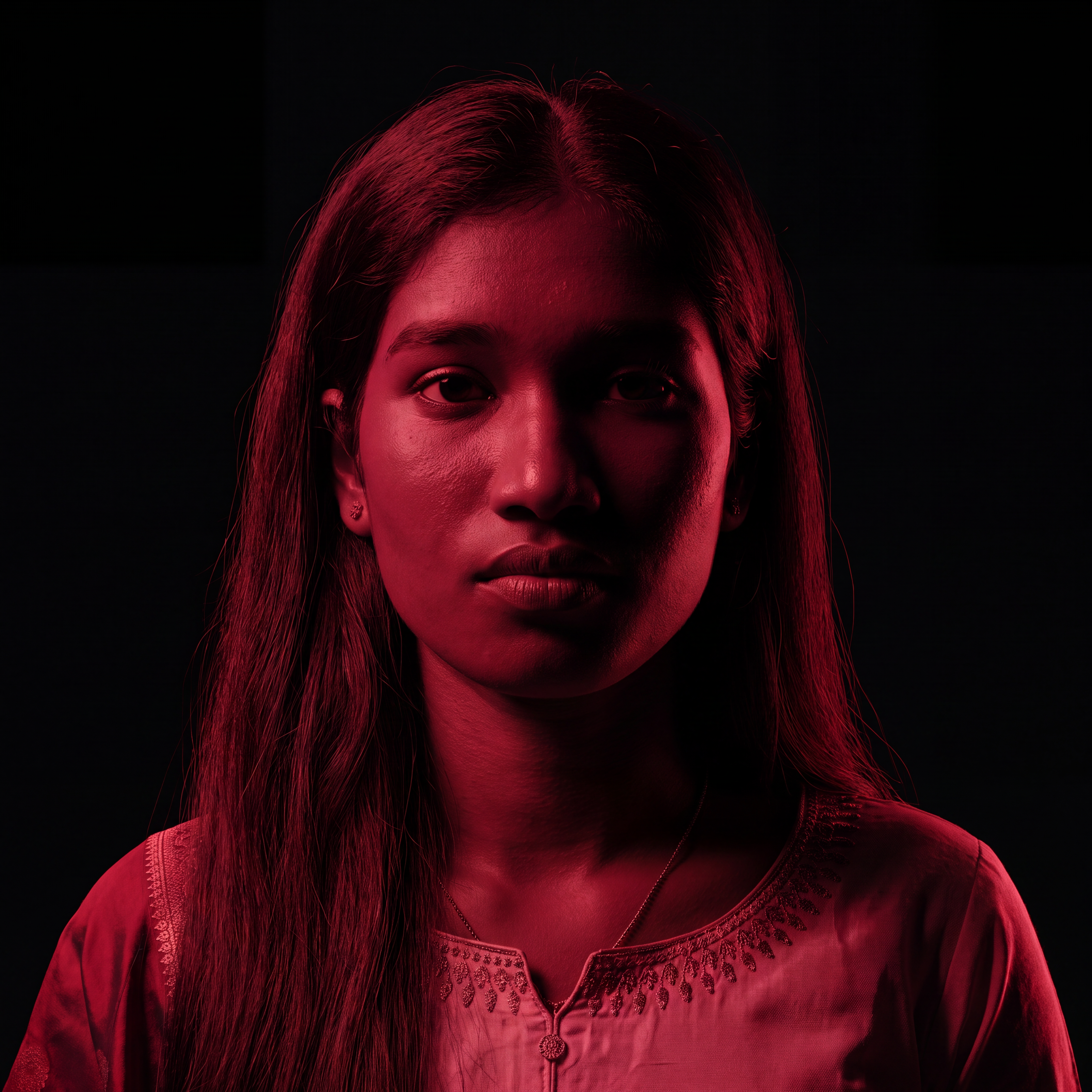 AI Design for Cinematic portrait, straight-on facial expression, hyper-realistic skin texture. Dramatic duotone lighting using only deep matte black (#000000) and rich crimson red (#B00020). Intense crimson directional side lighting sculpting the cheekbones, jawline, and hair texture, transitioning into deep black shadows on the opposite side. Minimalist, solid black background. Premium luxury fashion editorial aesthetic, high-contrast film noir style, sharp facial details, volumetric lighting, 8k resolution, photorealistic, no text, no logos. Use the attached image as the primary composition and structural reference.