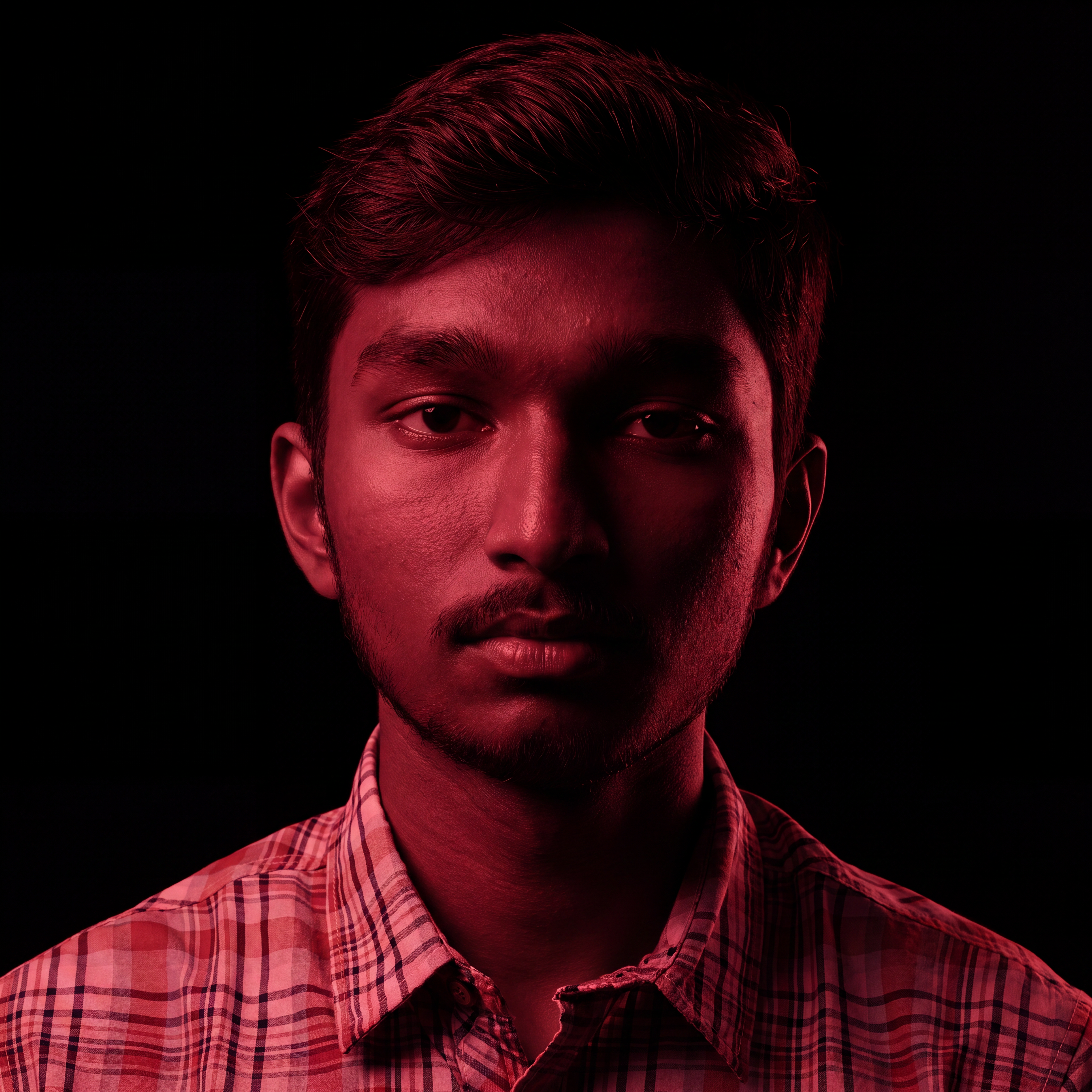 AI Design for Cinematic portrait, straight-on facial expression, hyper-realistic skin texture. Dramatic duotone lighting using only deep matte black (#000000) and rich crimson red (#B00020). Intense crimson directional side lighting sculpting the cheekbones, jawline, and hair texture, transitioning into deep black shadows on the opposite side. Minimalist, solid black background. Premium luxury fashion editorial aesthetic, high-contrast film noir style, sharp facial details, volumetric lighting, 8k resolution, photorealistic, no text, no logos. Use the attached image as the primary composition and structural reference.