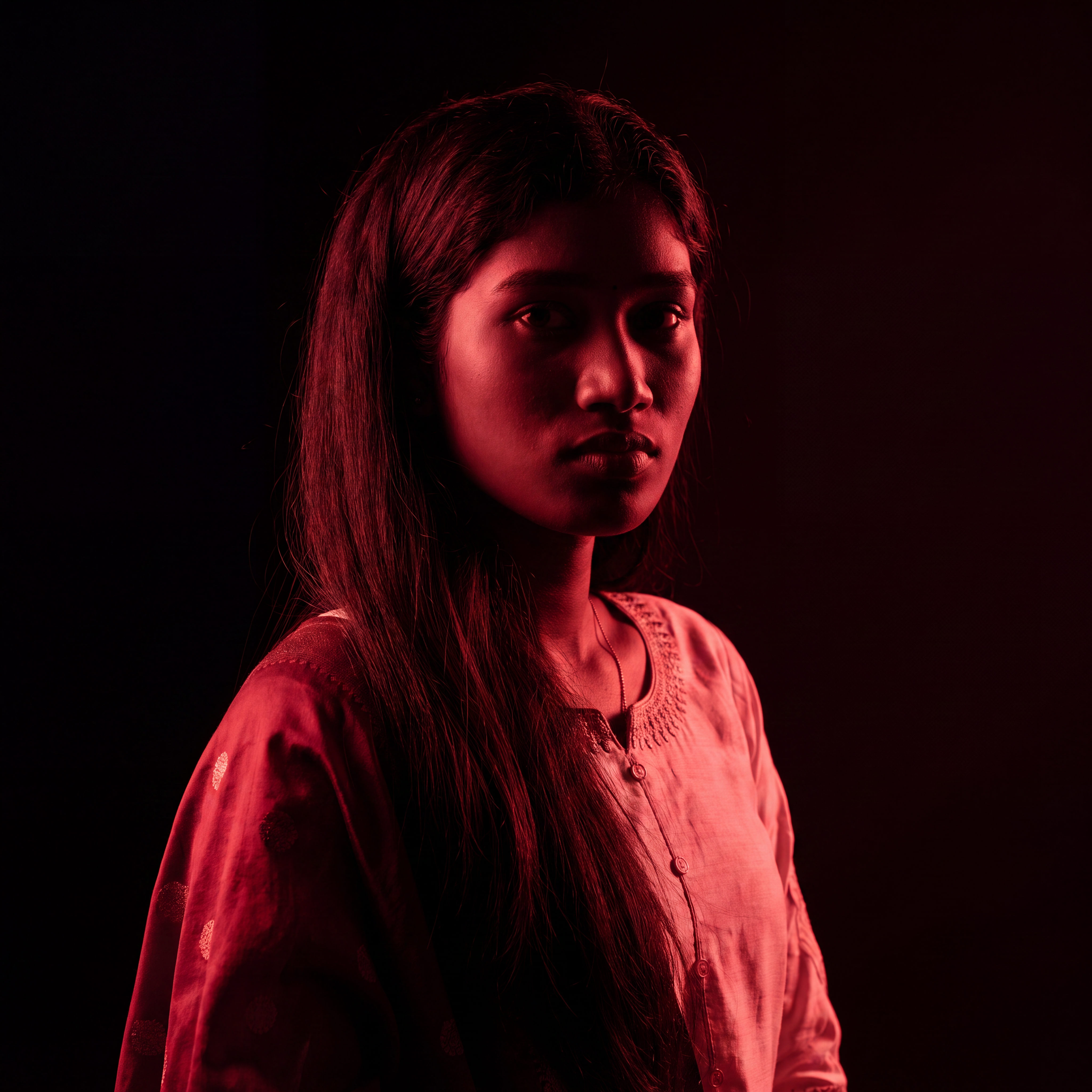 AI Design for Cinematic portrait, straight-on facial expression, hyper-realistic skin texture. Dramatic duotone lighting using only deep matte black (#000000) and rich crimson red (#B00020). Intense crimson directional side lighting sculpting the cheekbones, jawline, and hair texture, transitioning into deep black shadows on the opposite side. Minimalist, solid black background. Premium luxury fashion editorial aesthetic, high-contrast film noir style, sharp facial details, volumetric lighting, 8k resolution, photorealistic, no text, no logos. Use the attached image as the primary composition and structural reference.