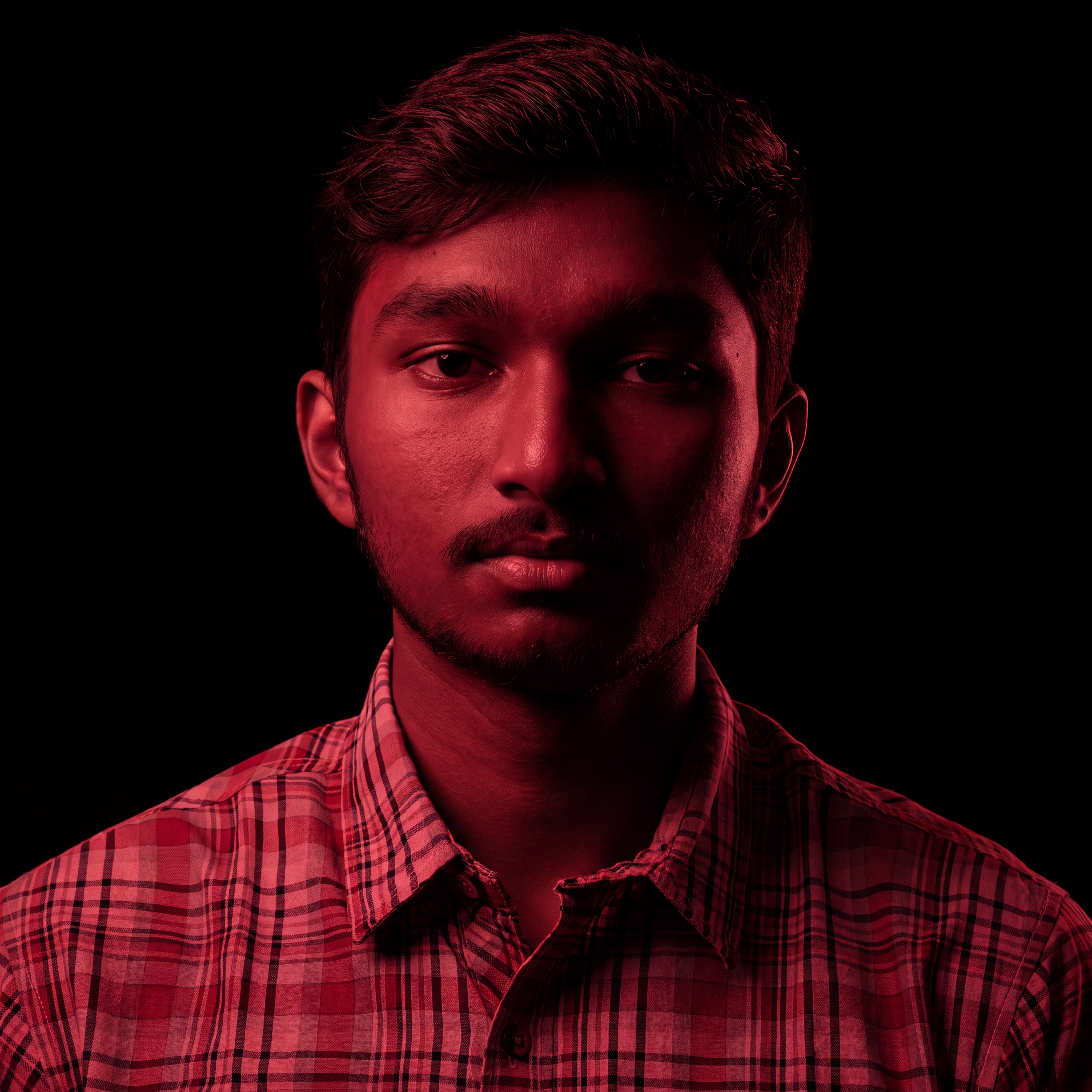 AI Design for Cinematic portrait, straight-on facial expression, hyper-realistic skin texture. Dramatic duotone lighting using only deep matte black (#000000) and rich crimson red (#B00020). Intense crimson directional side lighting sculpting the cheekbones, jawline, and hair texture, transitioning into deep black shadows on the opposite side. Minimalist, solid black background. Premium luxury fashion editorial aesthetic, high-contrast film noir style, sharp facial details, volumetric lighting, 8k resolution, photorealistic, no text, no logos. Use the attached image as the primary composition and structural reference.
