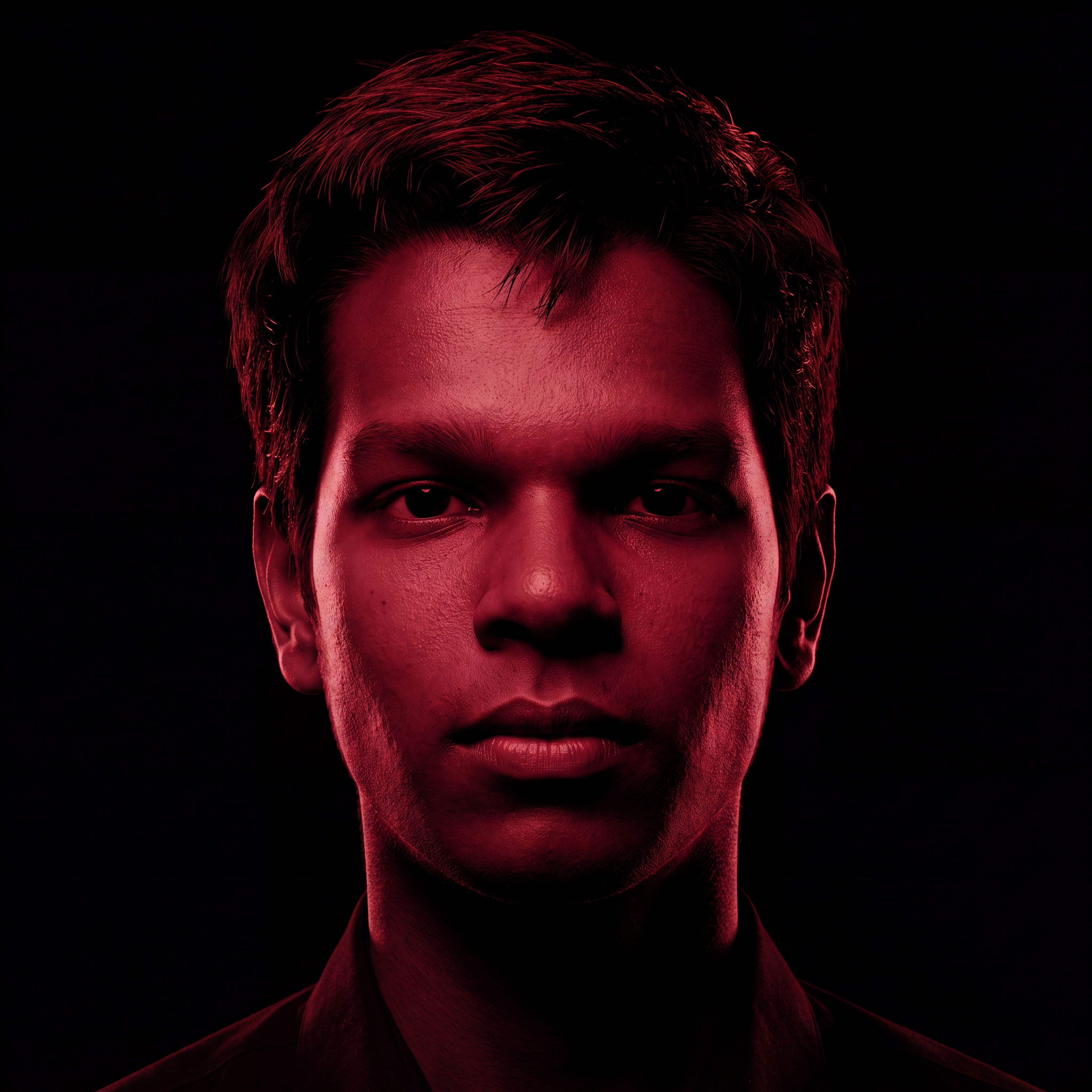 AI Design for Cinematic portrait, straight-on facial expression, hyper-realistic skin texture. Dramatic duotone lighting using only deep matte black (#000000) and rich crimson red (#B00020). Intense crimson directional side lighting sculpting the cheekbones, jawline, and hair texture, transitioning into deep black shadows on the opposite side. Minimalist, solid black background. Premium luxury fashion editorial aesthetic, high-contrast film noir style, sharp facial details, volumetric lighting, 8k resolution, photorealistic, no text, no logos. Use the attached image as the primary composition and structural reference.