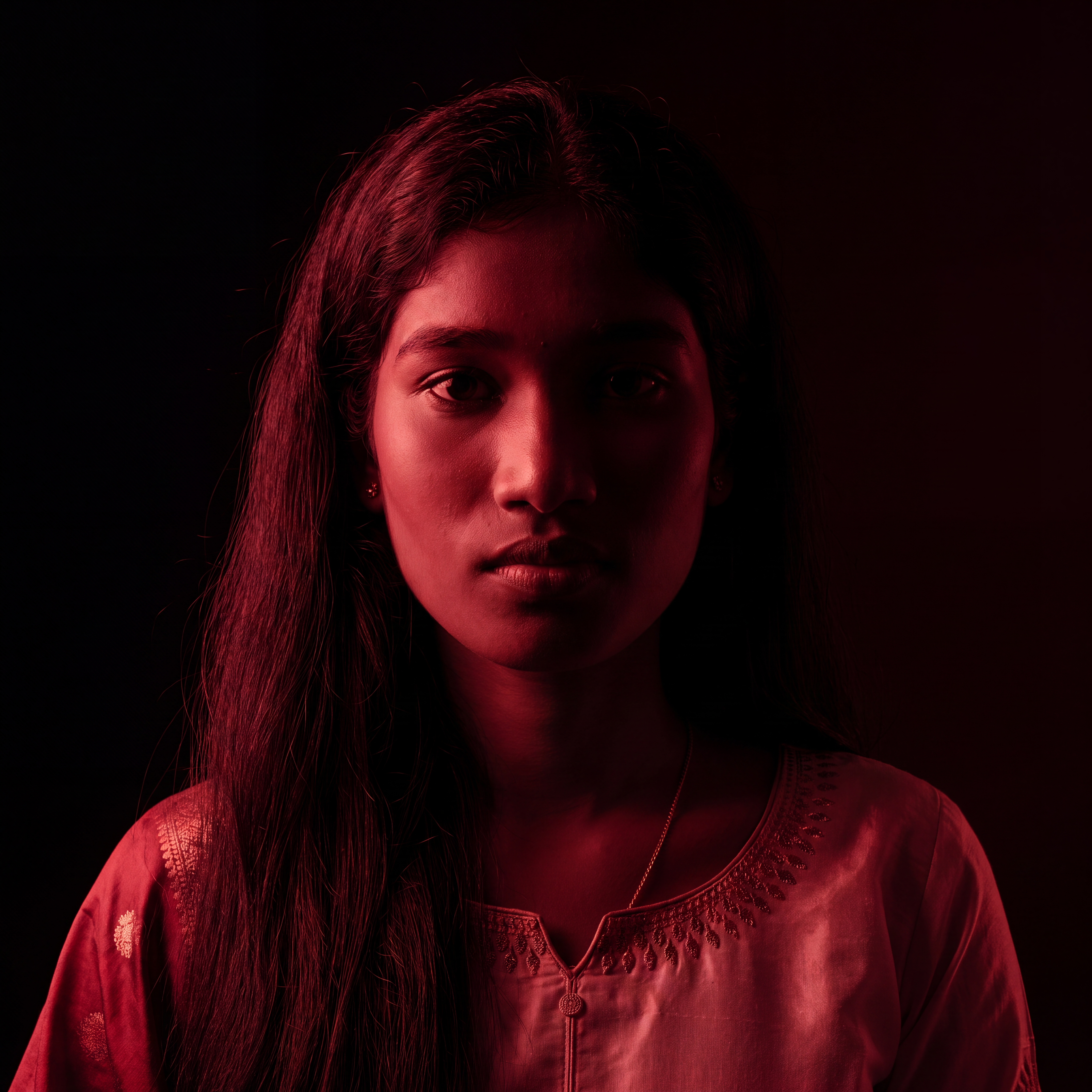AI Design for Cinematic portrait, straight-on facial expression, hyper-realistic skin texture. Dramatic duotone lighting using only deep matte black (#000000) and rich crimson red (#B00020). Intense crimson directional side lighting sculpting the cheekbones, jawline, and hair texture, transitioning into deep black shadows on the opposite side. Minimalist, solid black background. Premium luxury fashion editorial aesthetic, high-contrast film noir style, sharp facial details, volumetric lighting, 8k resolution, photorealistic, no text, no logos. Use the attached image as the primary composition and structural reference.