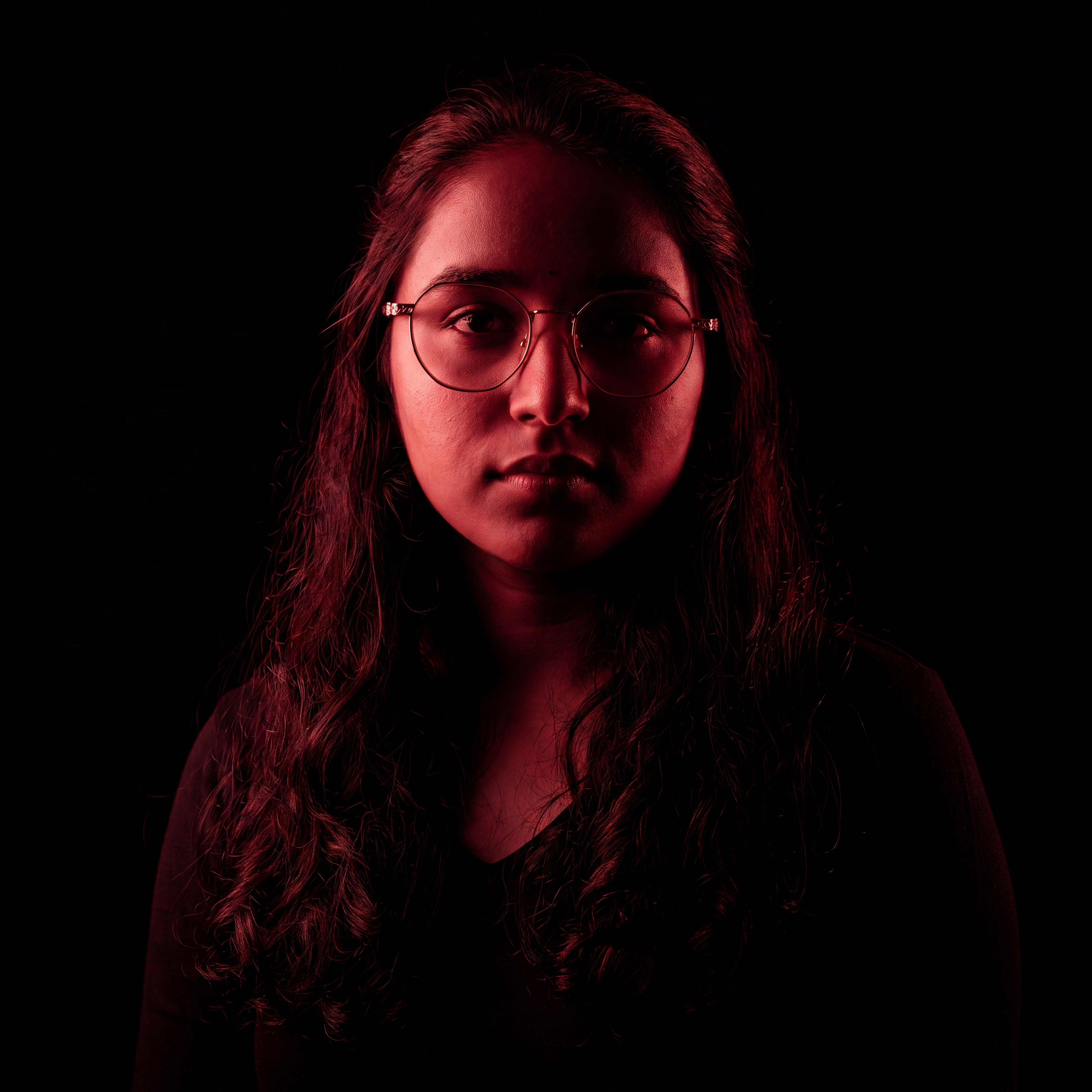 AI Design for Cinematic portrait, straight-on facial expression, hyper-realistic skin texture. Dramatic duotone lighting using only deep matte black (#000000) and rich crimson red (#B00020). Intense crimson directional side lighting sculpting the cheekbones, jawline, and hair texture, transitioning into deep black shadows on the opposite side. Minimalist, solid black background. Premium luxury fashion editorial aesthetic, high-contrast film noir style, sharp facial details, volumetric lighting, 8k resolution, photorealistic, no text, no logos. Use the attached image as the primary composition and structural reference.