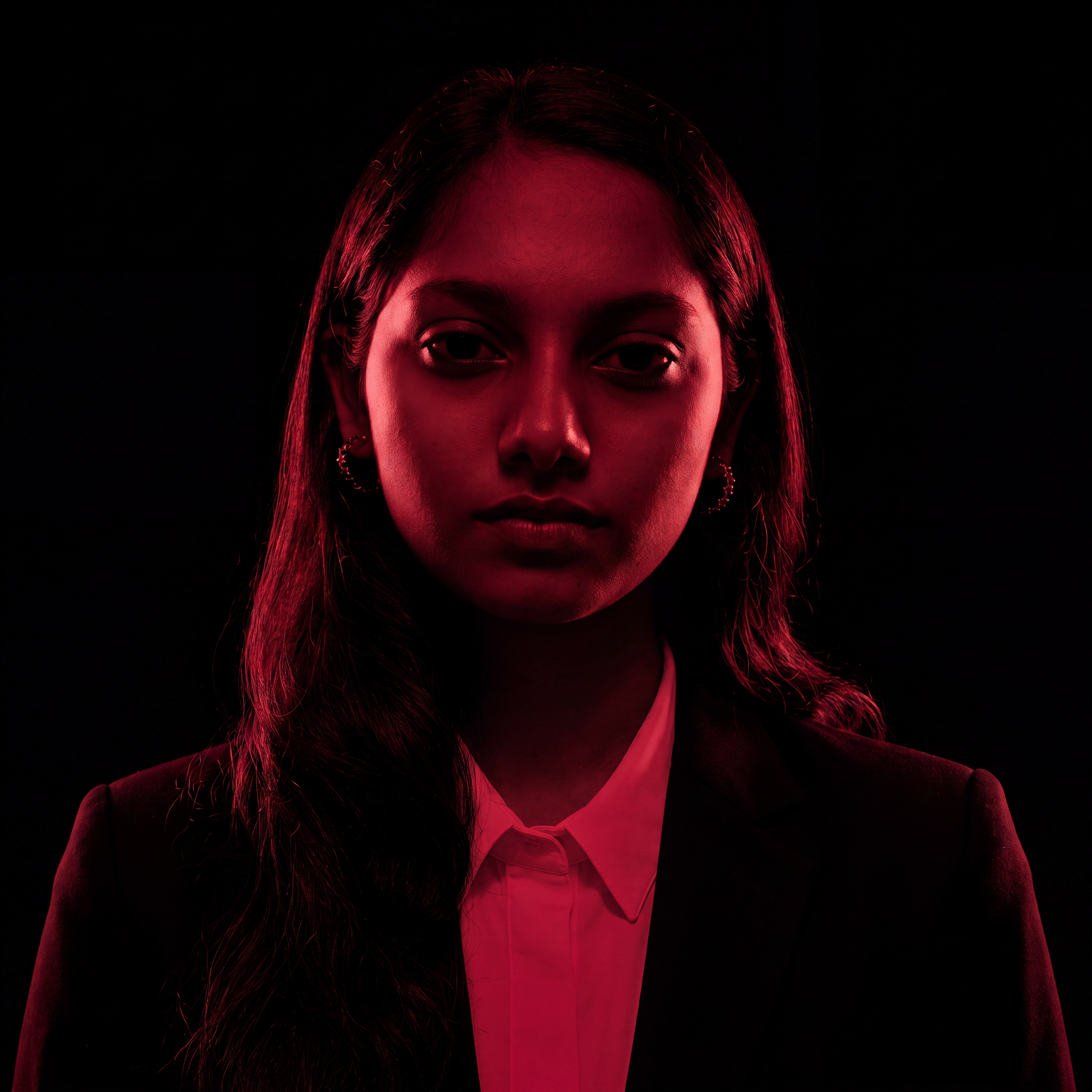 AI Design for Cinematic portrait, straight-on facial expression, hyper-realistic skin texture. Dramatic duotone lighting using only deep matte black (#000000) and rich crimson red (#B00020). Intense crimson directional side lighting sculpting the cheekbones, jawline, and hair texture, transitioning into deep black shadows on the opposite side. Minimalist, solid black background. Premium luxury fashion editorial aesthetic, high-contrast film noir style, sharp facial details, volumetric lighting, 8k resolution, photorealistic, no text, no logos. Use the attached image as the primary composition and structural reference.