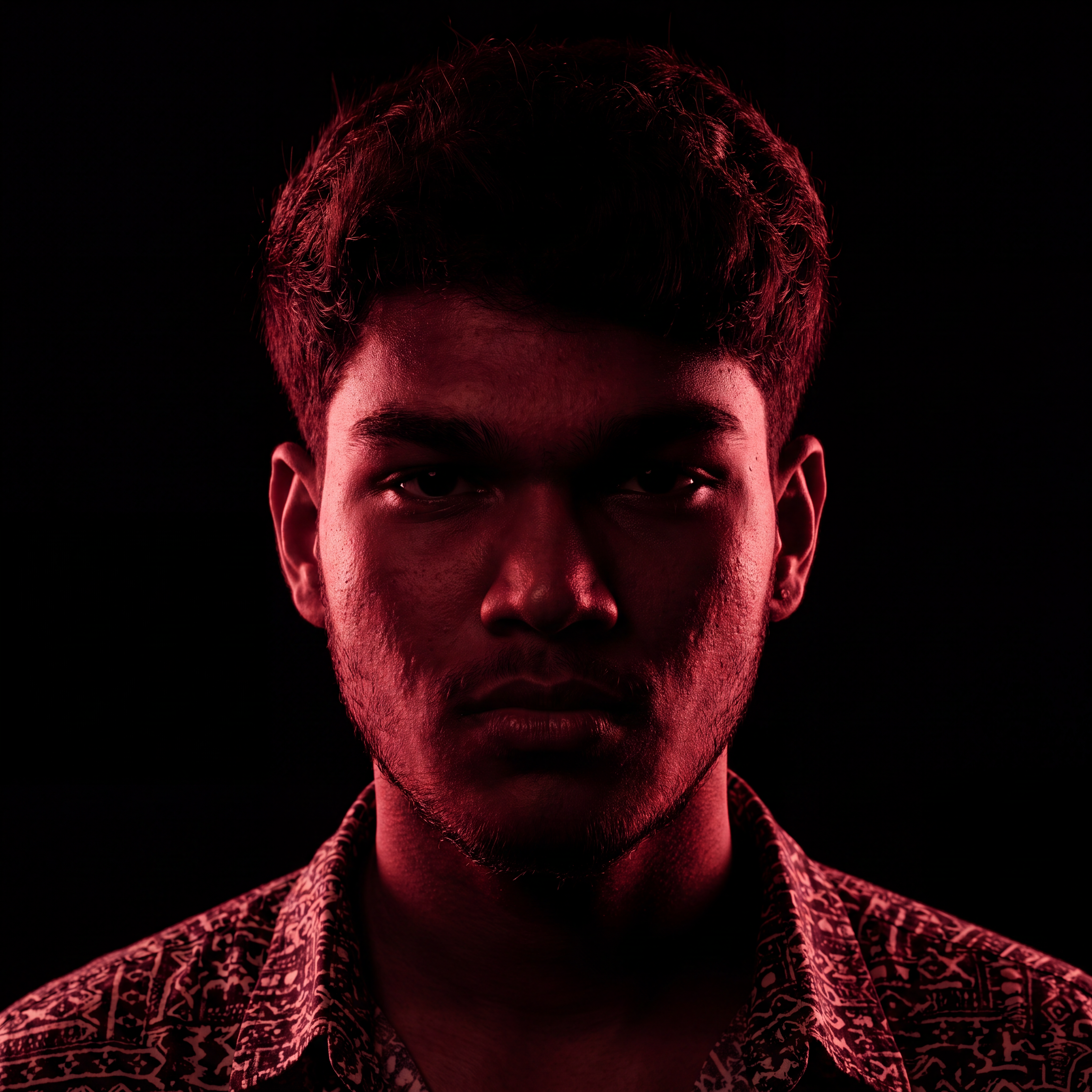 AI Design for Cinematic portrait, straight-on facial expression, hyper-realistic skin texture. Dramatic duotone lighting using only deep matte black (#000000) and rich crimson red (#B00020). Intense crimson directional side lighting sculpting the cheekbones, jawline, and hair texture, transitioning into deep black shadows on the opposite side. Minimalist, solid black background. Premium luxury fashion editorial aesthetic, high-contrast film noir style, sharp facial details, volumetric lighting, 8k resolution, photorealistic, no text, no logos. Use the attached image as the primary composition and structural reference.