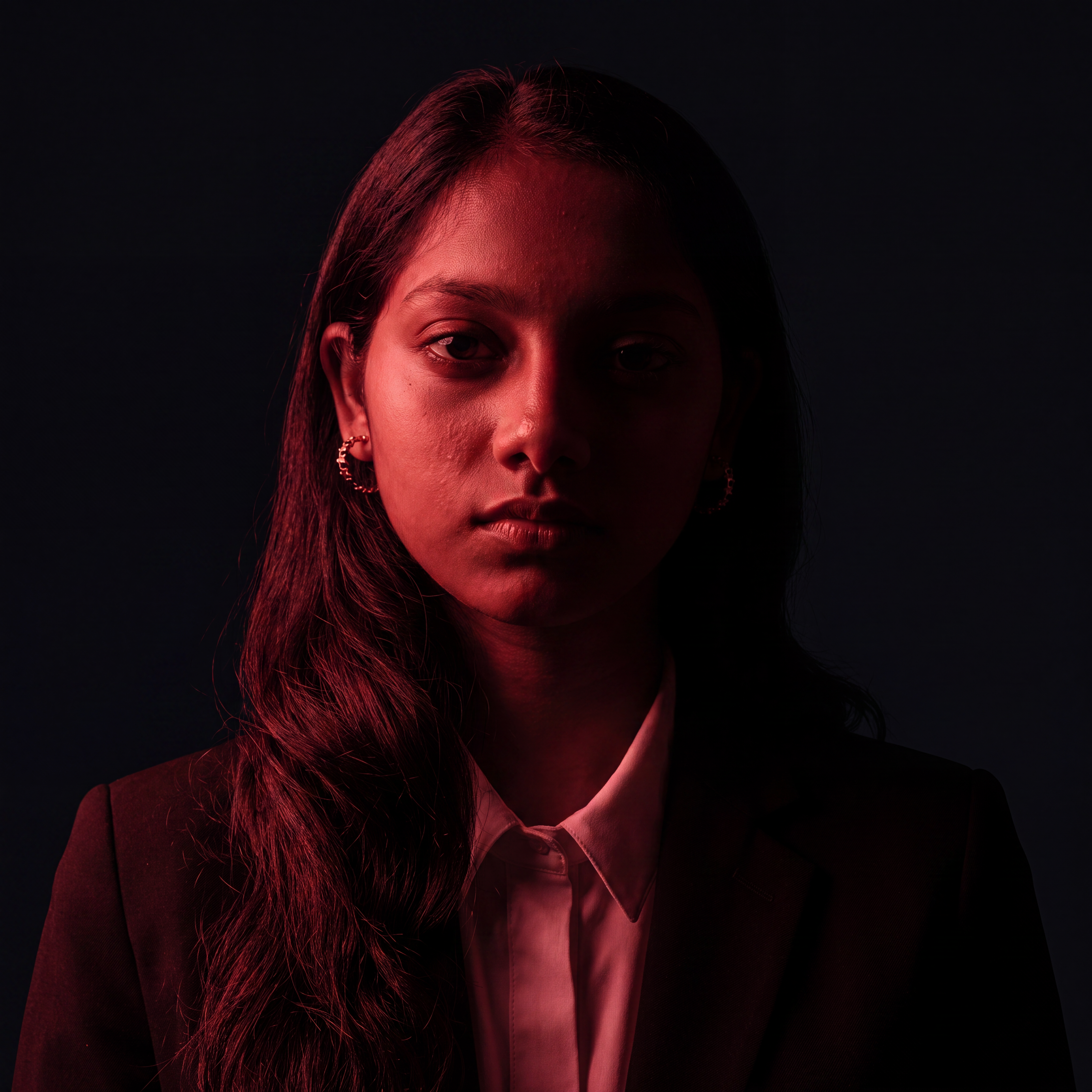 AI Design for Cinematic portrait, straight-on facial expression, hyper-realistic skin texture. Dramatic duotone lighting using only deep matte black (#000000) and rich crimson red (#B00020). Intense crimson directional side lighting sculpting the cheekbones, jawline, and hair texture, transitioning into deep black shadows on the opposite side. Minimalist, solid black background. Premium luxury fashion editorial aesthetic, high-contrast film noir style, sharp facial details, volumetric lighting, 8k resolution, photorealistic, no text, no logos. Use the attached image as the primary composition and structural reference.
