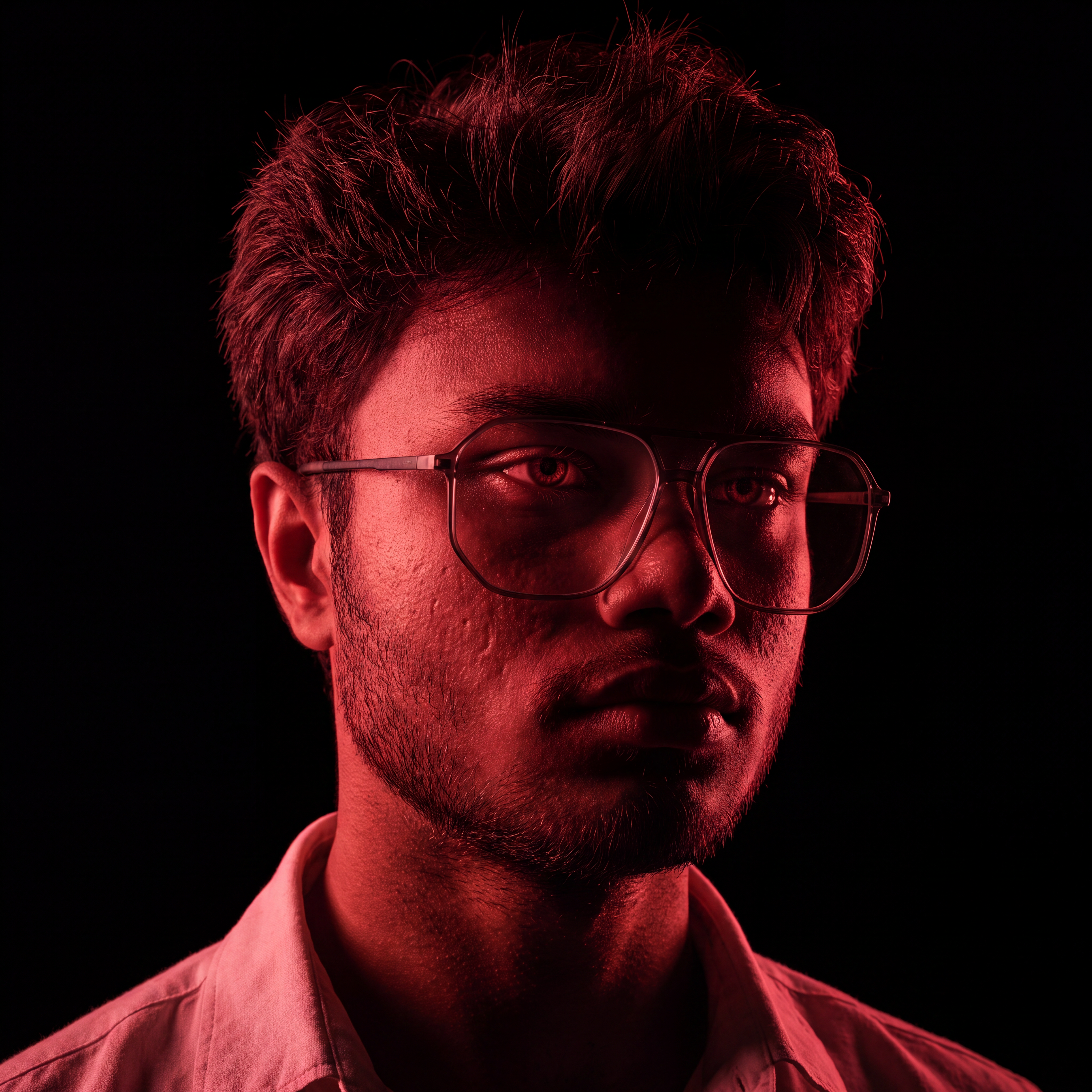 AI Design for Cinematic portrait, straight-on facial expression, hyper-realistic skin texture. Dramatic duotone lighting using only deep matte black (#000000) and rich crimson red (#B00020). Intense crimson directional side lighting sculpting the cheekbones, jawline, and hair texture, transitioning into deep black shadows on the opposite side. Minimalist, solid black background. Premium luxury fashion editorial aesthetic, high-contrast film noir style, sharp facial details, volumetric lighting, 8k resolution, photorealistic, no text, no logos. Use the attached image as the primary composition and structural reference.