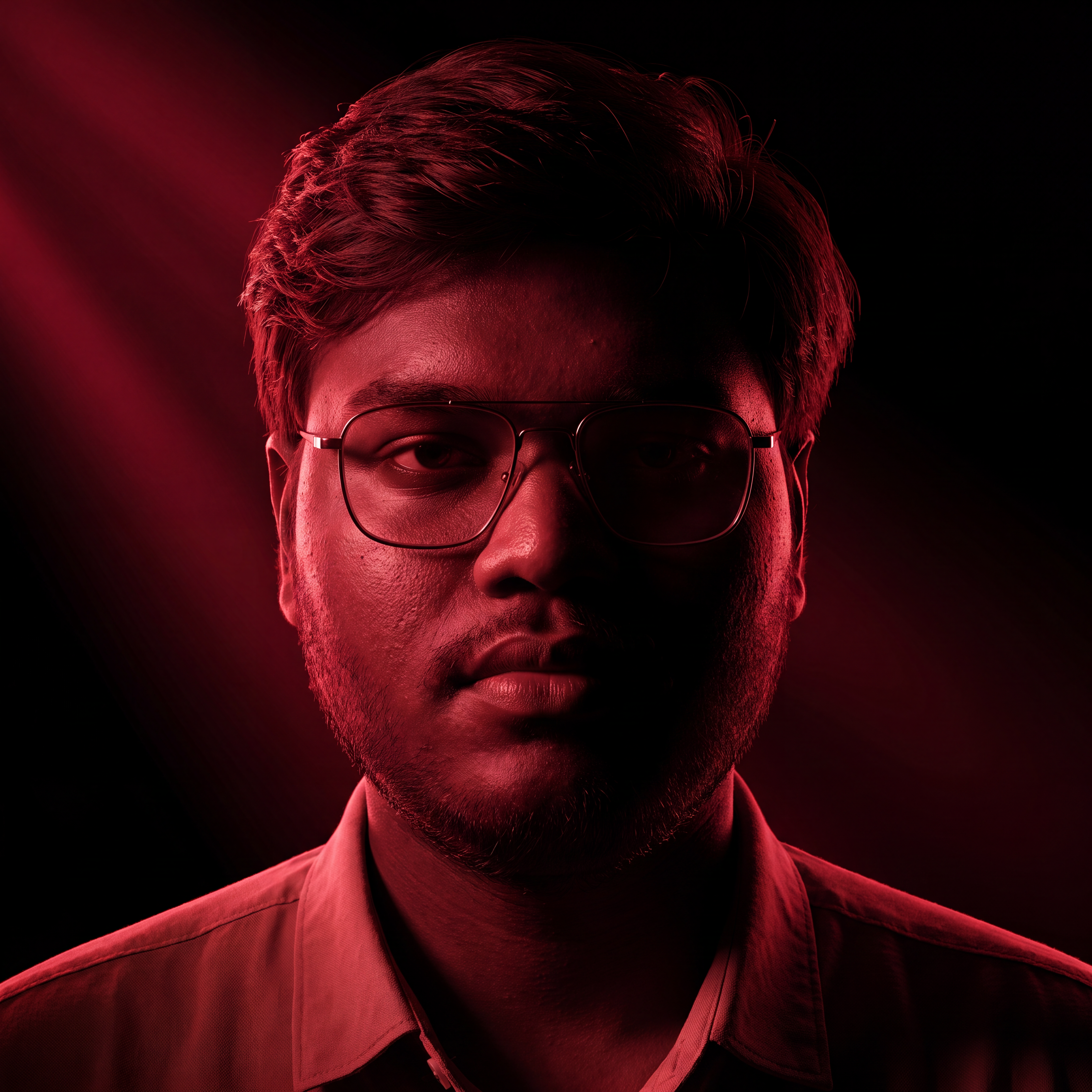 AI Design for Cinematic portrait, straight-on facial expression, hyper-realistic skin texture. Dramatic duotone lighting using only deep matte black (#000000) and rich crimson red (#B00020). Intense crimson directional side lighting sculpting the cheekbones, jawline, and hair texture, transitioning into deep black shadows on the opposite side. Minimalist, solid black background. Premium luxury fashion editorial aesthetic, high-contrast film noir style, sharp facial details, volumetric lighting, 8k resolution, photorealistic, no text, no logos. Use the attached image as the primary composition and structural reference.