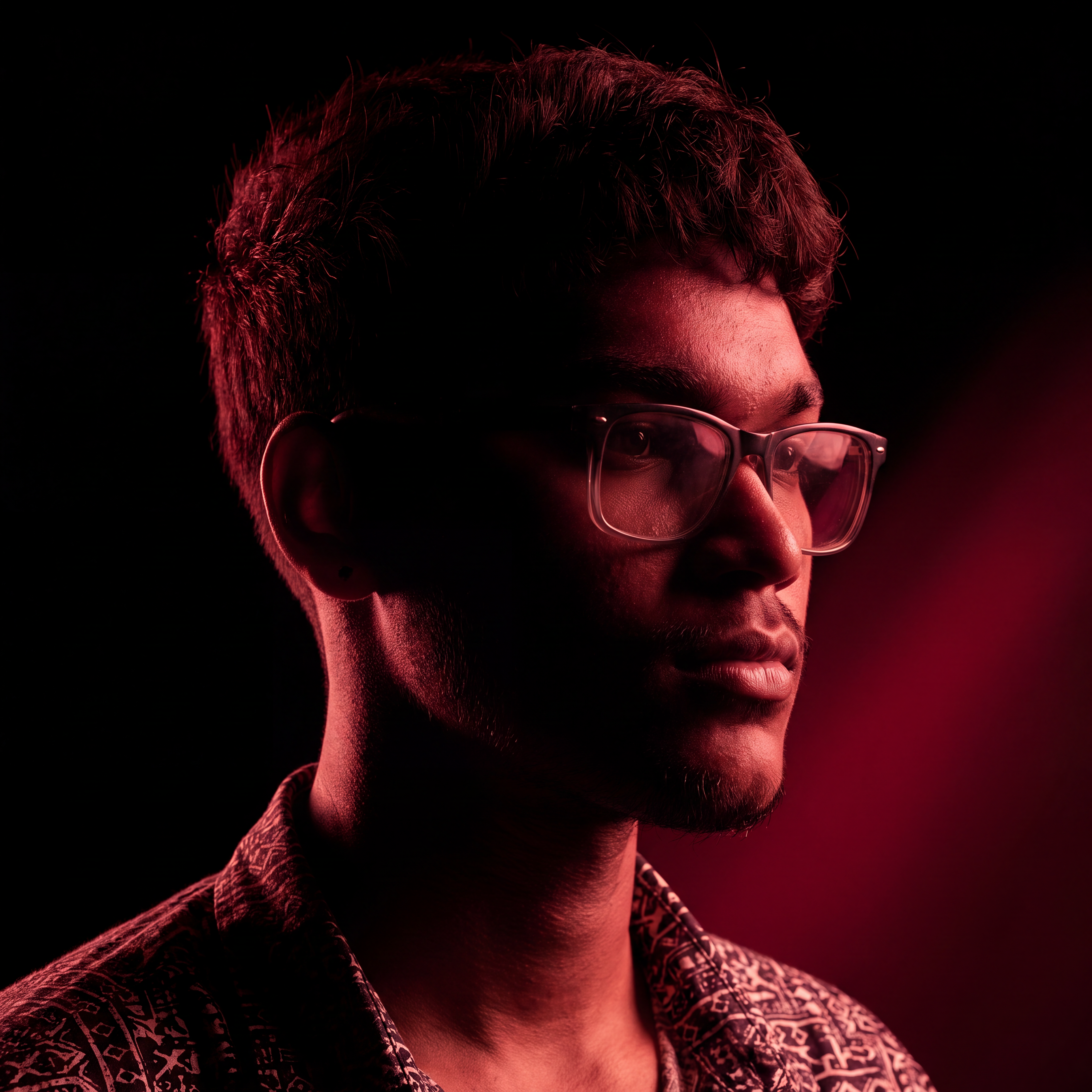 AI Design for Cinematic portrait, straight-on facial expression, hyper-realistic skin texture. Dramatic duotone lighting using only deep matte black (#000000) and rich crimson red (#B00020). Intense crimson directional side lighting sculpting the cheekbones, jawline, and hair texture, transitioning into deep black shadows on the opposite side. Minimalist, solid black background. Premium luxury fashion editorial aesthetic, high-contrast film noir style, sharp facial details, volumetric lighting, 8k resolution, photorealistic, no text, no logos. Use the attached image as the primary composition and structural reference.