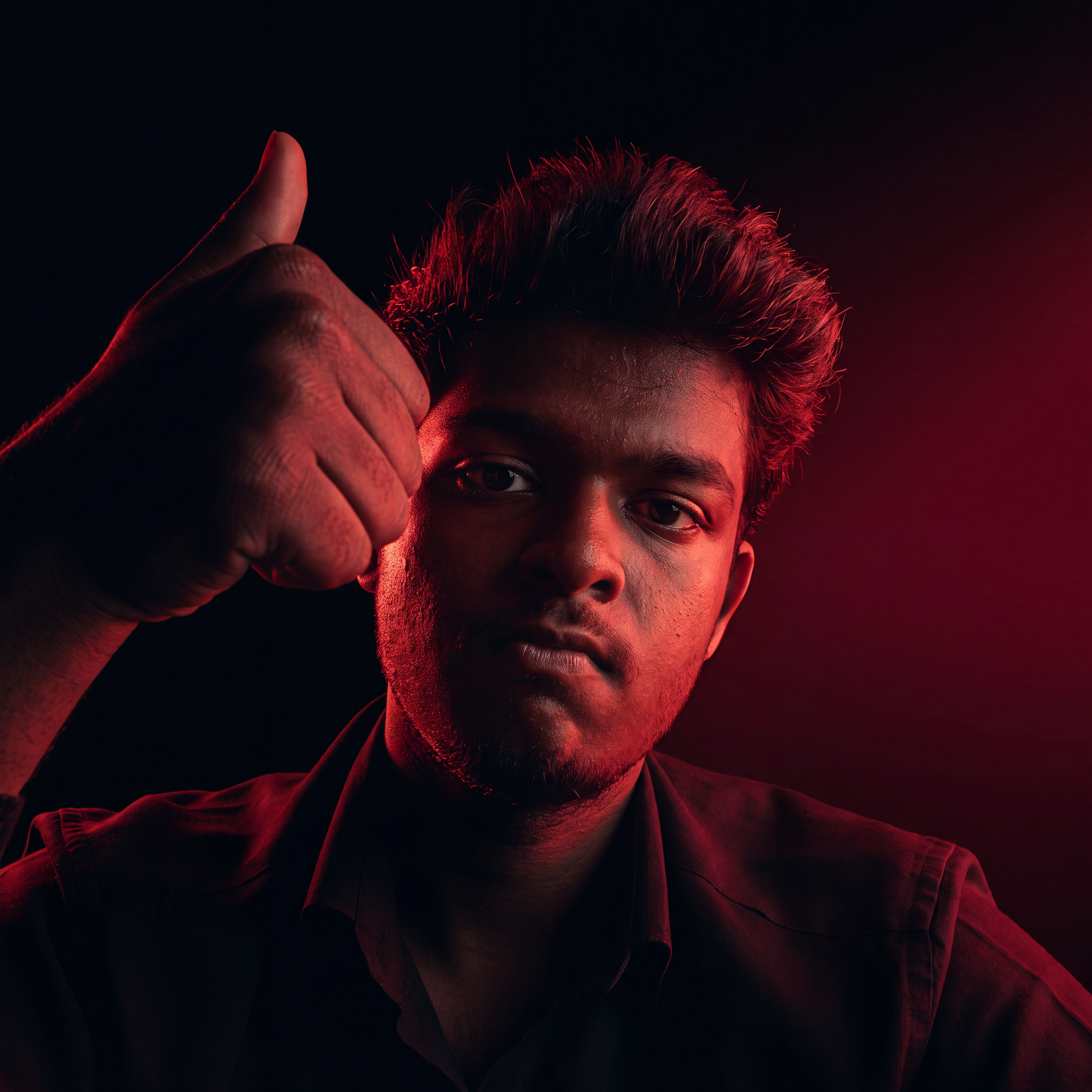 AI Design for Cinematic portrait, straight-on facial expression, hyper-realistic skin texture. Dramatic duotone lighting using only deep matte black (#000000) and rich crimson red (#B00020). Intense crimson directional side lighting sculpting the cheekbones, jawline, and hair texture, transitioning into deep black shadows on the opposite side. Minimalist, solid black background. Premium luxury fashion editorial aesthetic, high-contrast film noir style, sharp facial details, volumetric lighting, 8k resolution, photorealistic, no text, no logos. Use the attached image as the primary composition and structural reference.