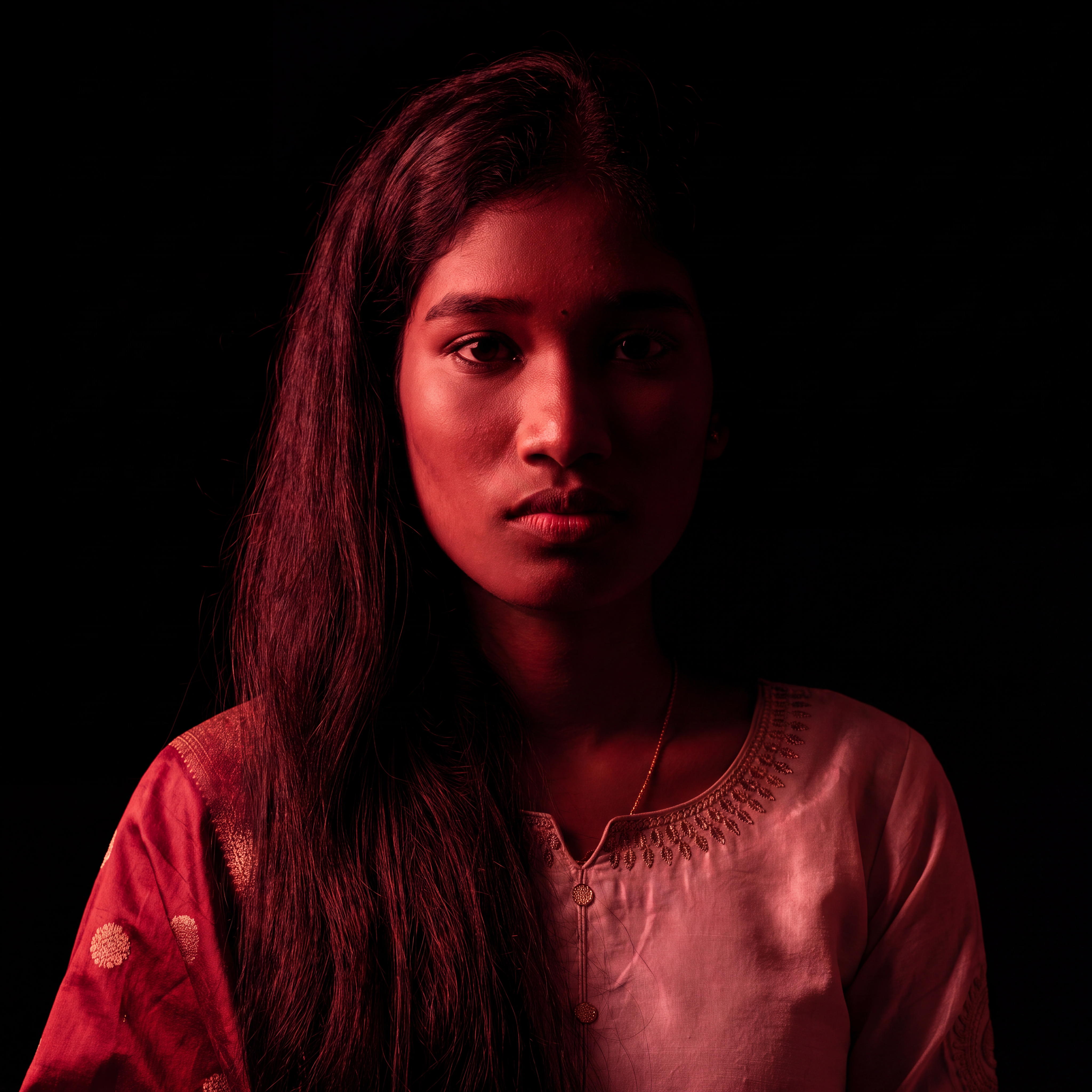 AI Design for Cinematic portrait, straight-on facial expression, hyper-realistic skin texture. Dramatic duotone lighting using only deep matte black (#000000) and rich crimson red (#B00020). Intense crimson directional side lighting sculpting the cheekbones, jawline, and hair texture, transitioning into deep black shadows on the opposite side. Minimalist, solid black background. Premium luxury fashion editorial aesthetic, high-contrast film noir style, sharp facial details, volumetric lighting, 8k resolution, photorealistic, no text, no logos. Use the attached image as the primary composition and structural reference.