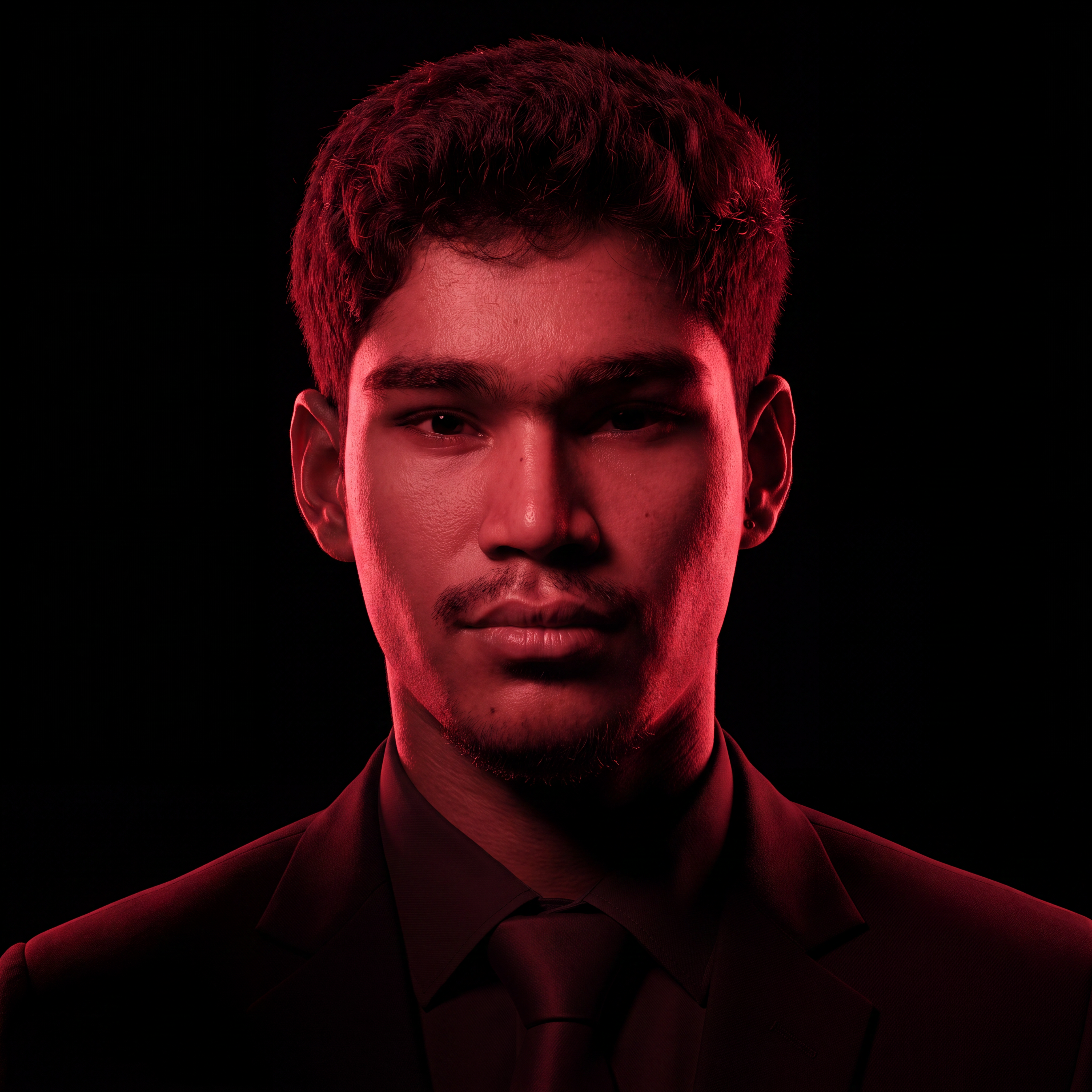 AI Design for Cinematic portrait, straight-on facial expression, hyper-realistic skin texture. Dramatic duotone lighting using only deep matte black (#000000) and rich crimson red (#B00020). Intense crimson directional side lighting sculpting the cheekbones, jawline, and hair texture, transitioning into deep black shadows on the opposite side. Minimalist, solid black background. Premium luxury fashion editorial aesthetic, high-contrast film noir style, sharp facial details, volumetric lighting, 8k resolution, photorealistic, no text, no logos. Use the attached image as the primary composition and structural reference.
