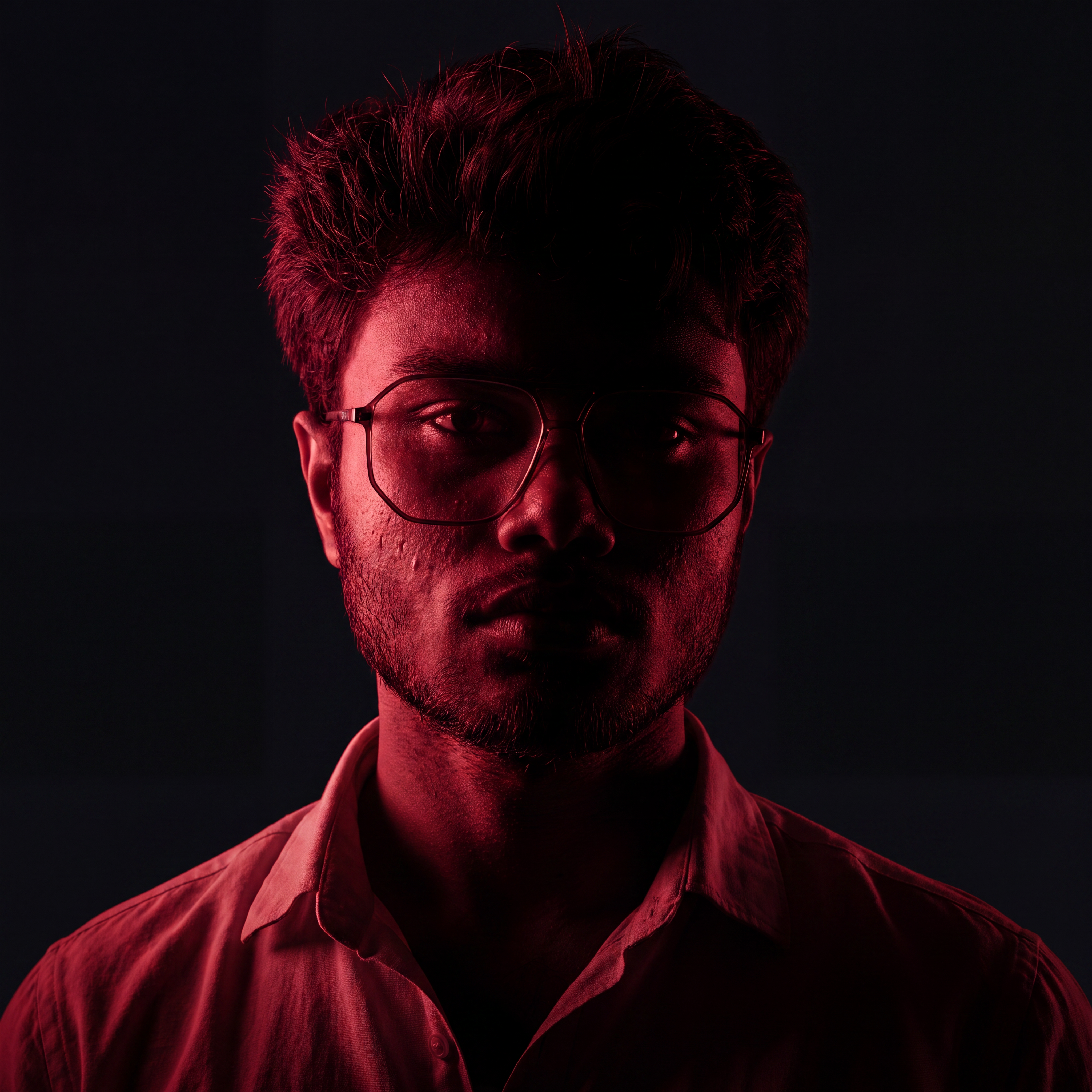 AI Design for Cinematic portrait, straight-on facial expression, hyper-realistic skin texture. Dramatic duotone lighting using only deep matte black (#000000) and rich crimson red (#B00020). Intense crimson directional side lighting sculpting the cheekbones, jawline, and hair texture, transitioning into deep black shadows on the opposite side. Minimalist, solid black background. Premium luxury fashion editorial aesthetic, high-contrast film noir style, sharp facial details, volumetric lighting, 8k resolution, photorealistic, no text, no logos. Use the attached image as the primary composition and structural reference.