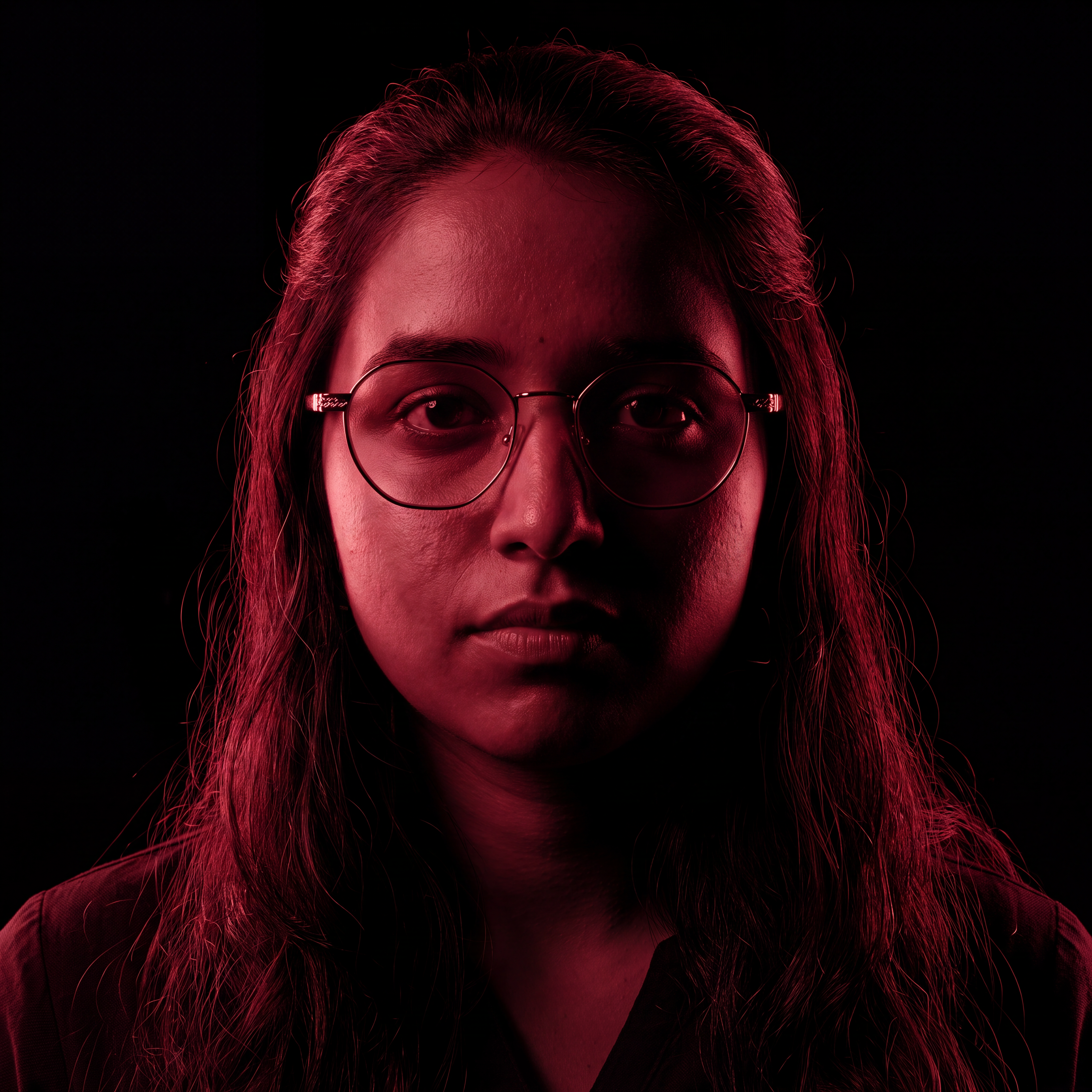 AI Design for Cinematic portrait, straight-on facial expression, hyper-realistic skin texture. Dramatic duotone lighting using only deep matte black (#000000) and rich crimson red (#B00020). Intense crimson directional side lighting sculpting the cheekbones, jawline, and hair texture, transitioning into deep black shadows on the opposite side. Minimalist, solid black background. Premium luxury fashion editorial aesthetic, high-contrast film noir style, sharp facial details, volumetric lighting, 8k resolution, photorealistic, no text, no logos. Use the attached image as the primary composition and structural reference.