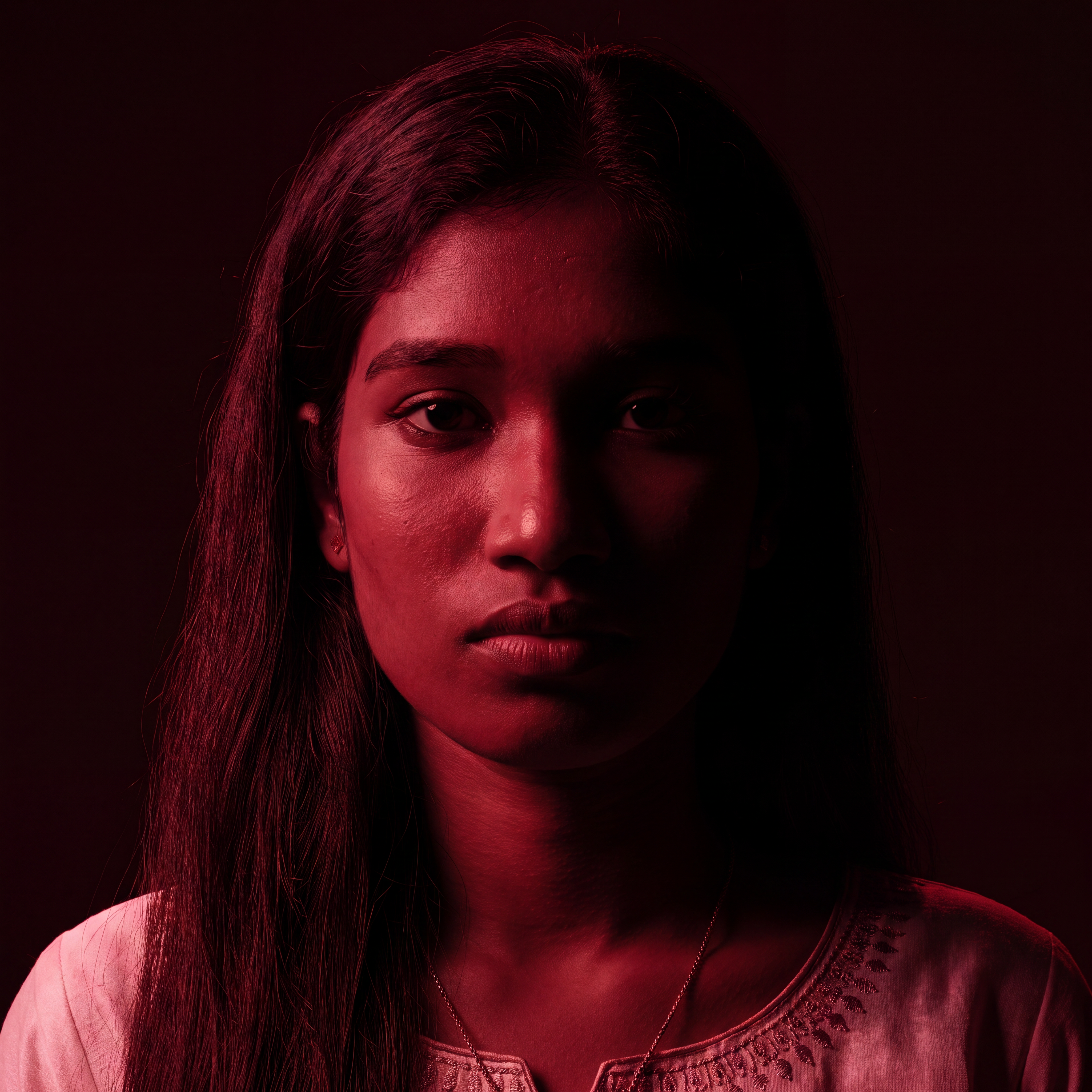 AI Design for Cinematic portrait, straight-on facial expression, hyper-realistic skin texture. Dramatic duotone lighting using only deep matte black (#000000) and rich crimson red (#B00020). Intense crimson directional side lighting sculpting the cheekbones, jawline, and hair texture, transitioning into deep black shadows on the opposite side. Minimalist, solid black background. Premium luxury fashion editorial aesthetic, high-contrast film noir style, sharp facial details, volumetric lighting, 8k resolution, photorealistic, no text, no logos. Use the attached image as the primary composition and structural reference.