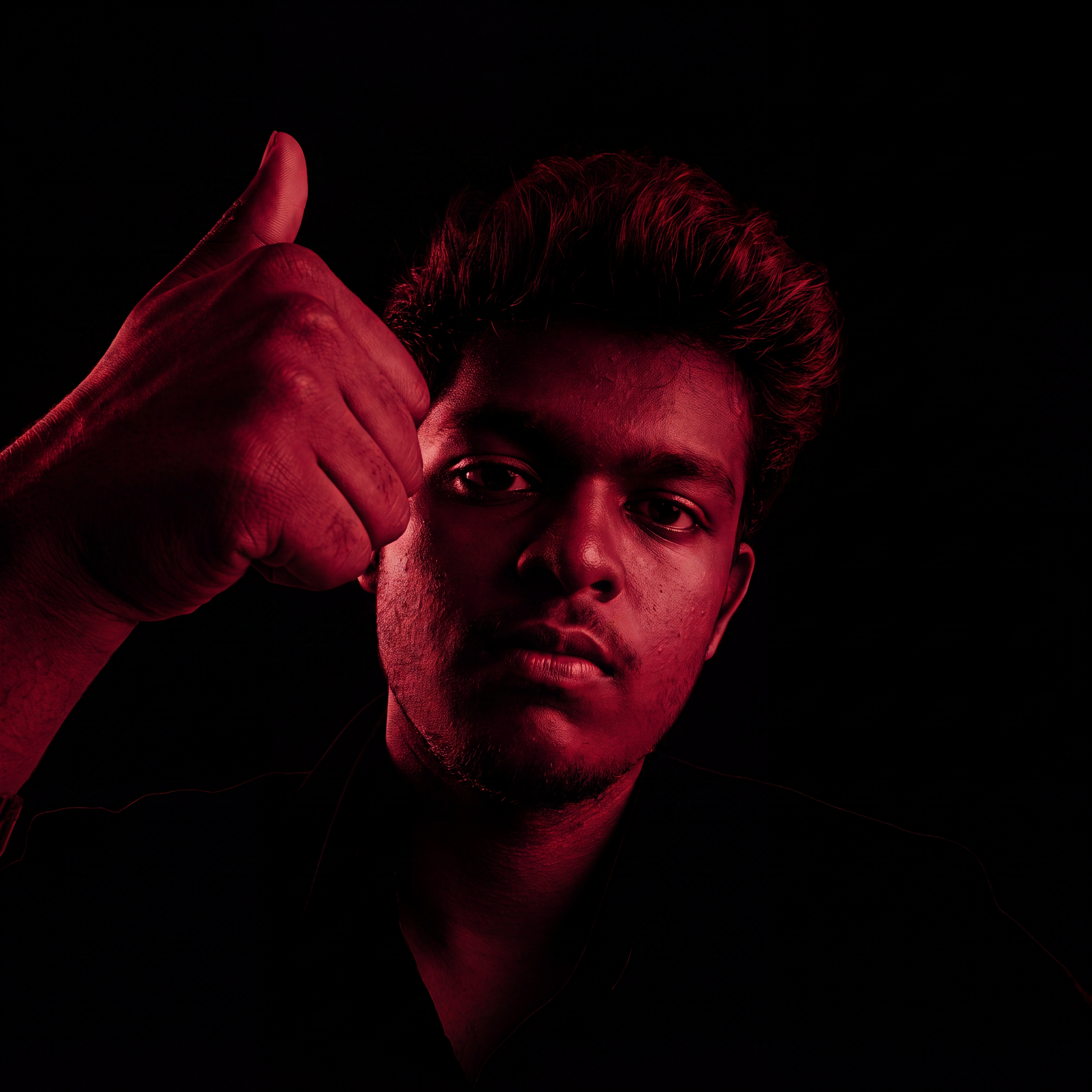 AI Design for Cinematic portrait, straight-on facial expression, hyper-realistic skin texture. Dramatic duotone lighting using only deep matte black (#000000) and rich crimson red (#B00020). Intense crimson directional side lighting sculpting the cheekbones, jawline, and hair texture, transitioning into deep black shadows on the opposite side. Minimalist, solid black background. Premium luxury fashion editorial aesthetic, high-contrast film noir style, sharp facial details, volumetric lighting, 8k resolution, photorealistic, no text, no logos. Use the attached image as the primary composition and structural reference.