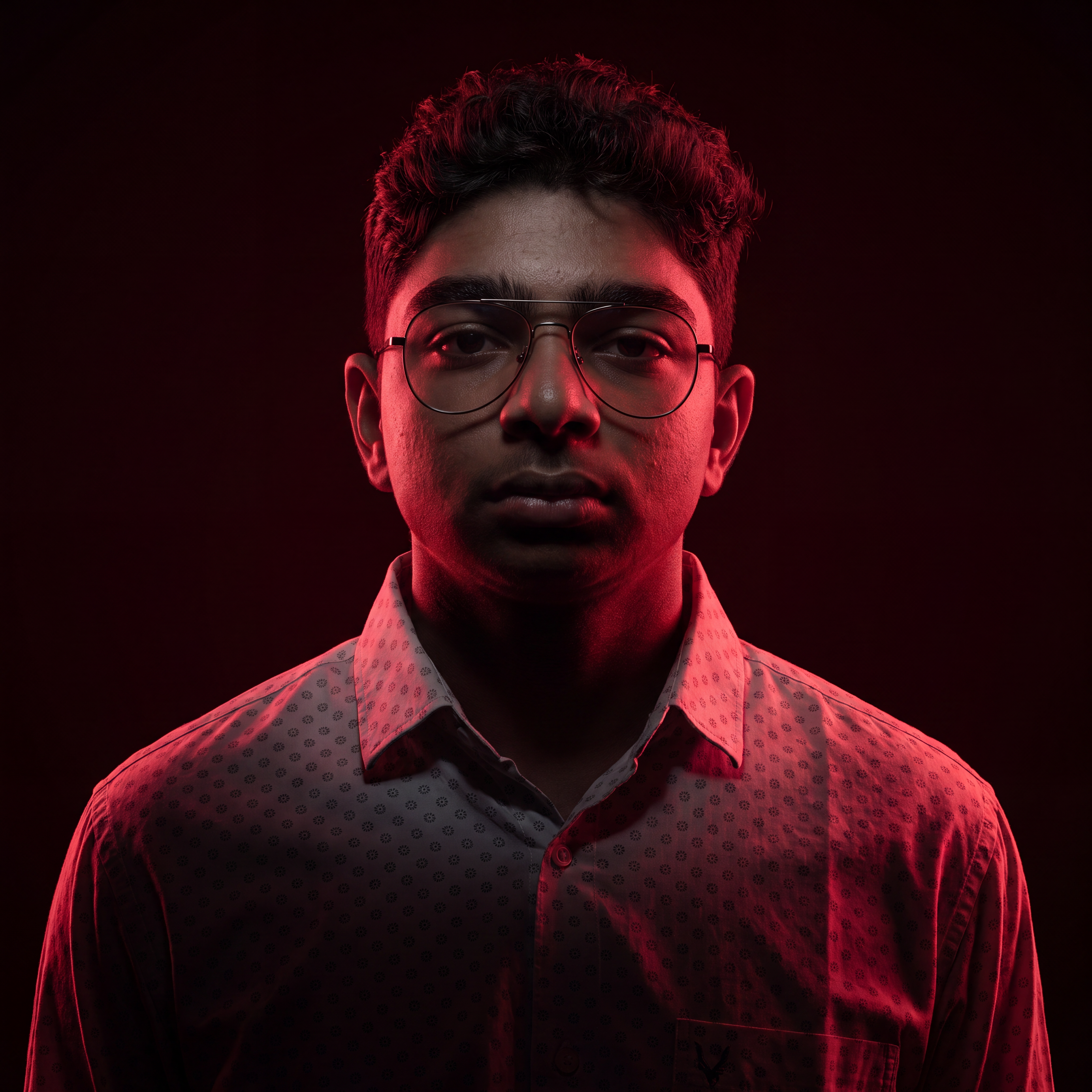 AI Design for Cinematic portrait, straight-on facial expression, hyper-realistic skin texture. Dramatic duotone lighting using only deep matte black (#000000) and rich crimson red (#B00020). Intense crimson directional side lighting sculpting the cheekbones, jawline, and hair texture, transitioning into deep black shadows on the opposite side. Minimalist, solid black background. Premium luxury fashion editorial aesthetic, high-contrast film noir style, sharp facial details, volumetric lighting, 8k resolution, photorealistic, no text, no logos. Use the attached image as the primary composition and structural reference.