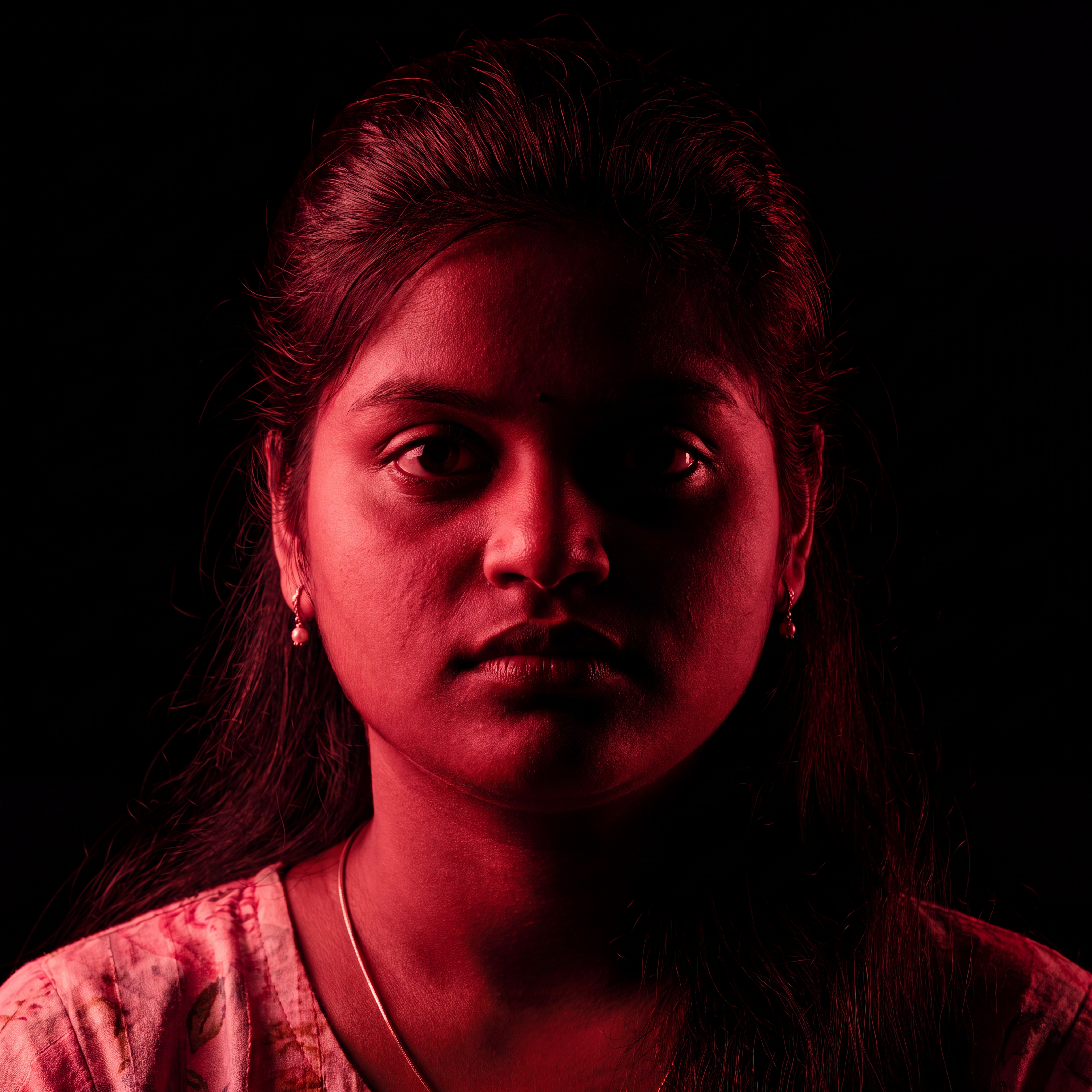 AI Design for Cinematic portrait, straight-on facial expression, hyper-realistic skin texture. Dramatic duotone lighting using only deep matte black (#000000) and rich crimson red (#B00020). Intense crimson directional side lighting sculpting the cheekbones, jawline, and hair texture, transitioning into deep black shadows on the opposite side. Minimalist, solid black background. Premium luxury fashion editorial aesthetic, high-contrast film noir style, sharp facial details, volumetric lighting, 8k resolution, photorealistic, no text, no logos. Use the attached image as the primary composition and structural reference.