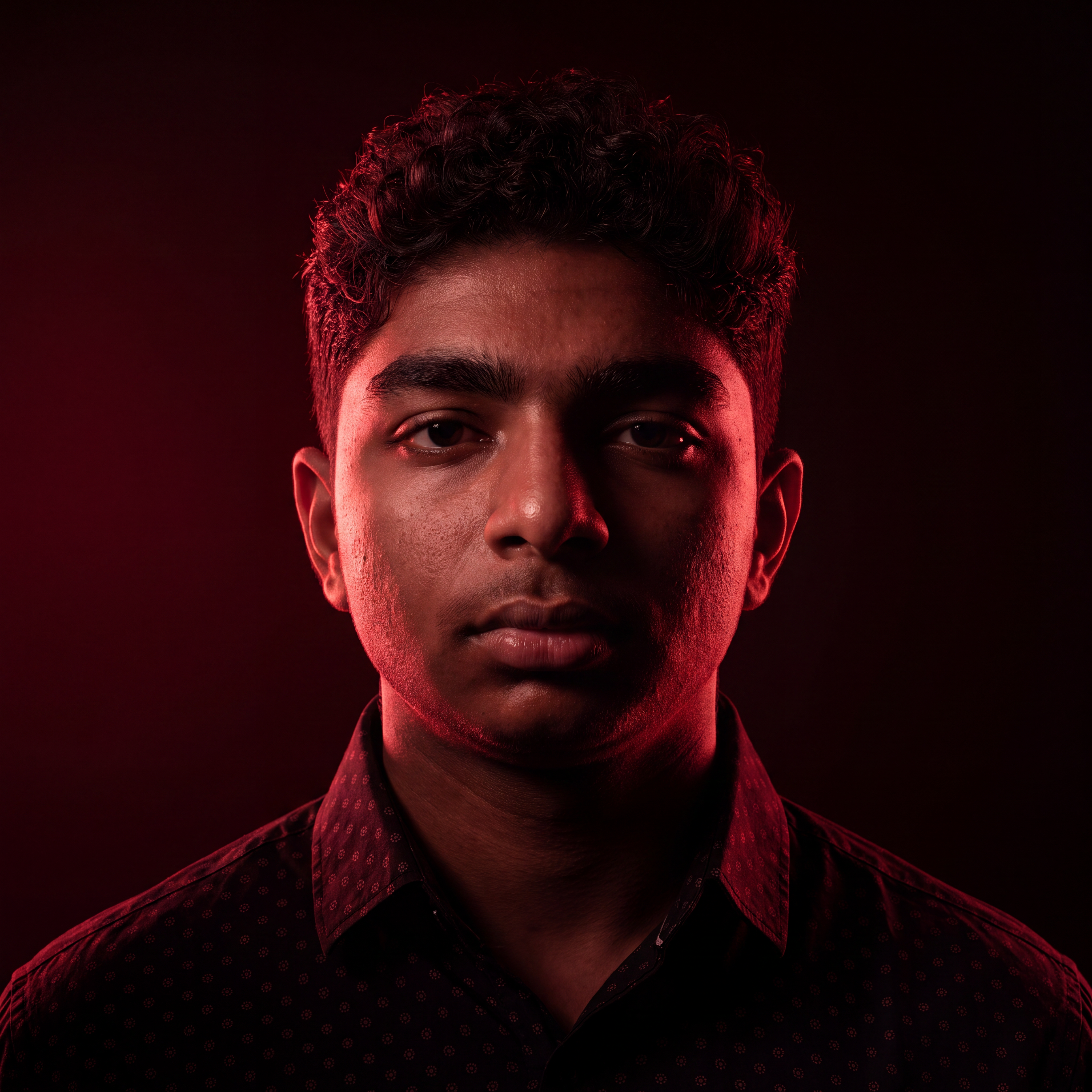 AI Design for Cinematic portrait, straight-on facial expression, hyper-realistic skin texture. Dramatic duotone lighting using only deep matte black (#000000) and rich crimson red (#B00020). Intense crimson directional side lighting sculpting the cheekbones, jawline, and hair texture, transitioning into deep black shadows on the opposite side. Minimalist, solid black background. Premium luxury fashion editorial aesthetic, high-contrast film noir style, sharp facial details, volumetric lighting, 8k resolution, photorealistic, no text, no logos. Use the attached image as the primary composition and structural reference.