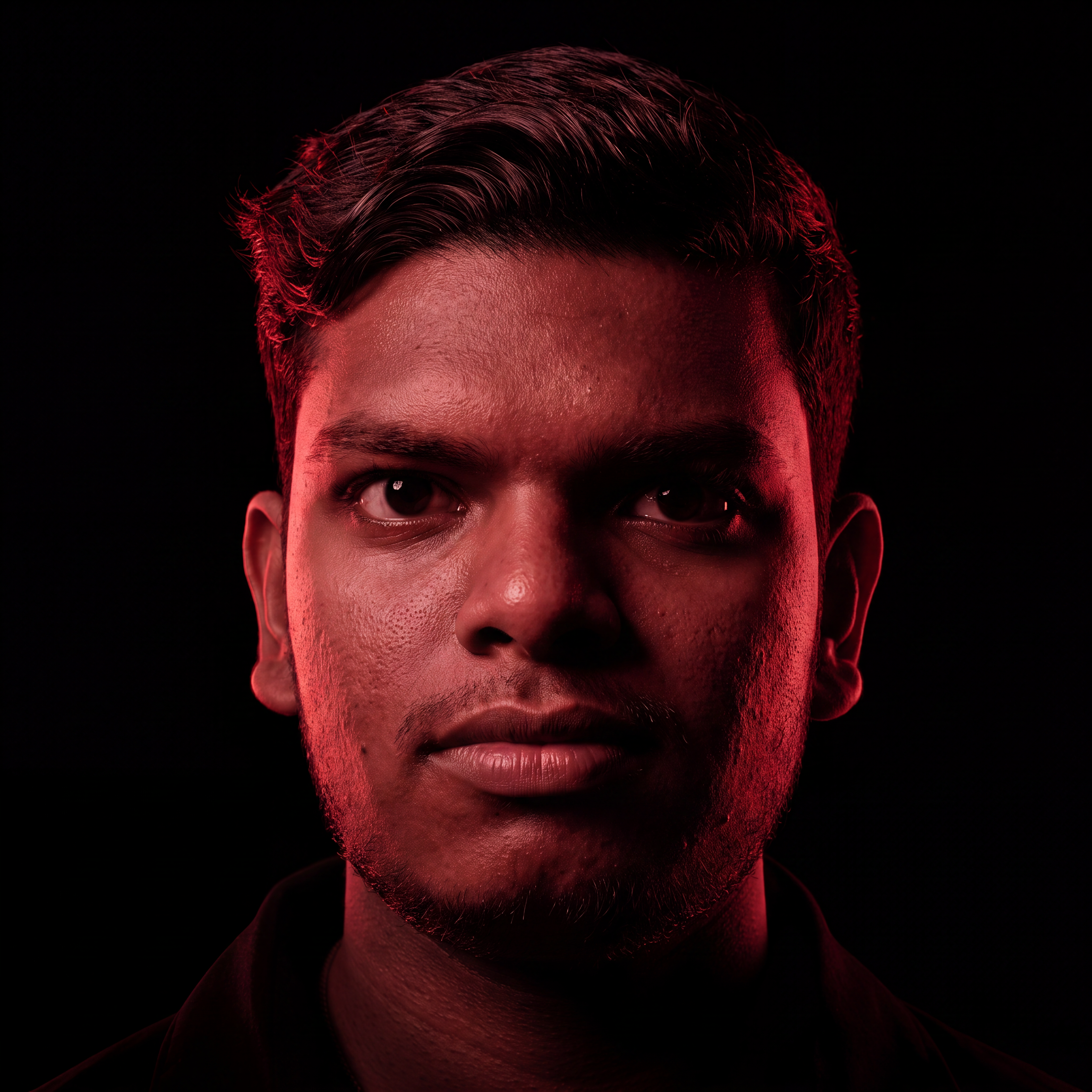 AI Design for Cinematic portrait, straight-on facial expression, hyper-realistic skin texture. Dramatic duotone lighting using only deep matte black (#000000) and rich crimson red (#B00020). Intense crimson directional side lighting sculpting the cheekbones, jawline, and hair texture, transitioning into deep black shadows on the opposite side. Minimalist, solid black background. Premium luxury fashion editorial aesthetic, high-contrast film noir style, sharp facial details, volumetric lighting, 8k resolution, photorealistic, no text, no logos. Use the attached image as the primary composition and structural reference.