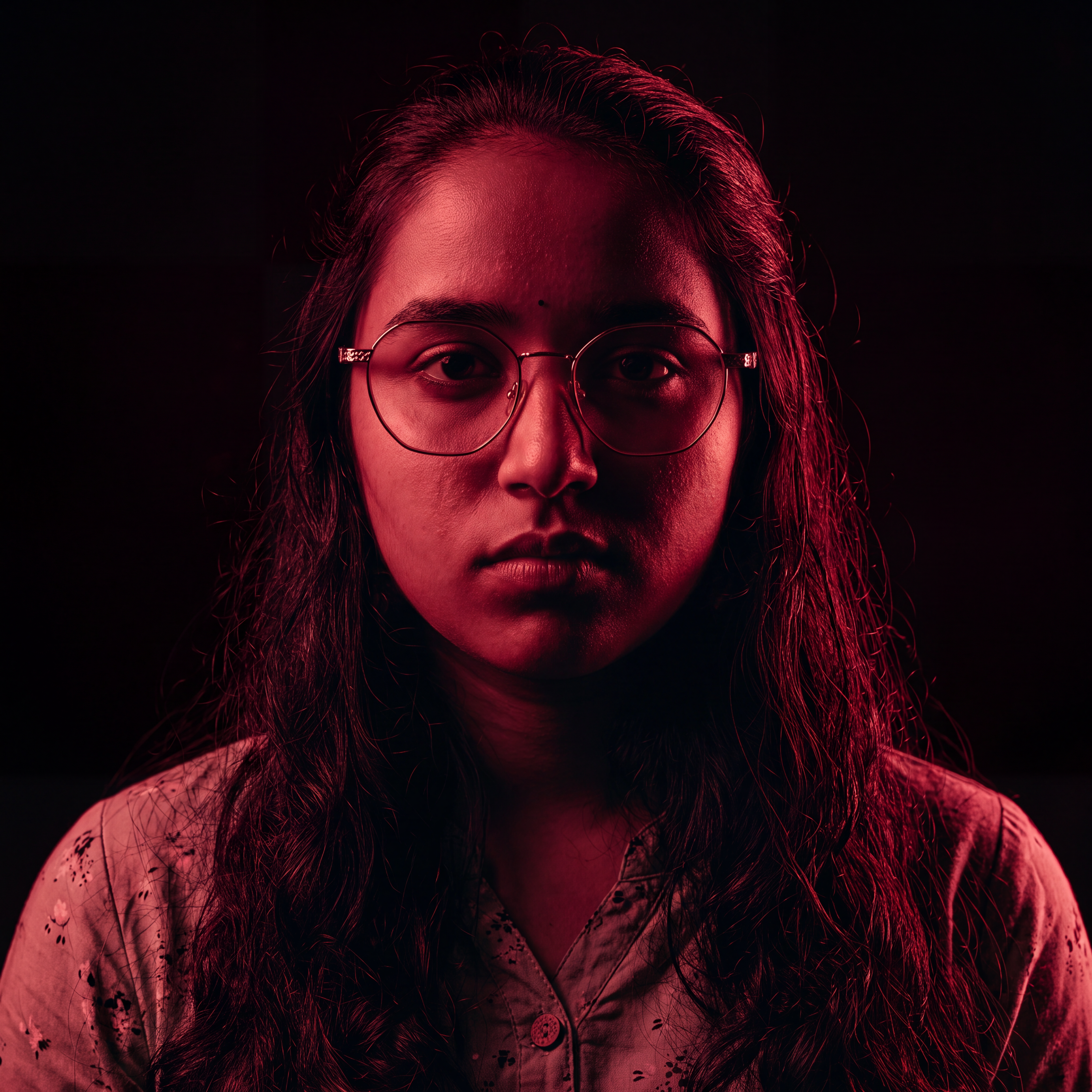 AI Design for Cinematic portrait, straight-on facial expression, hyper-realistic skin texture. Dramatic duotone lighting using only deep matte black (#000000) and rich crimson red (#B00020). Intense crimson directional side lighting sculpting the cheekbones, jawline, and hair texture, transitioning into deep black shadows on the opposite side. Minimalist, solid black background. Premium luxury fashion editorial aesthetic, high-contrast film noir style, sharp facial details, volumetric lighting, 8k resolution, photorealistic, no text, no logos. Use the attached image as the primary composition and structural reference.