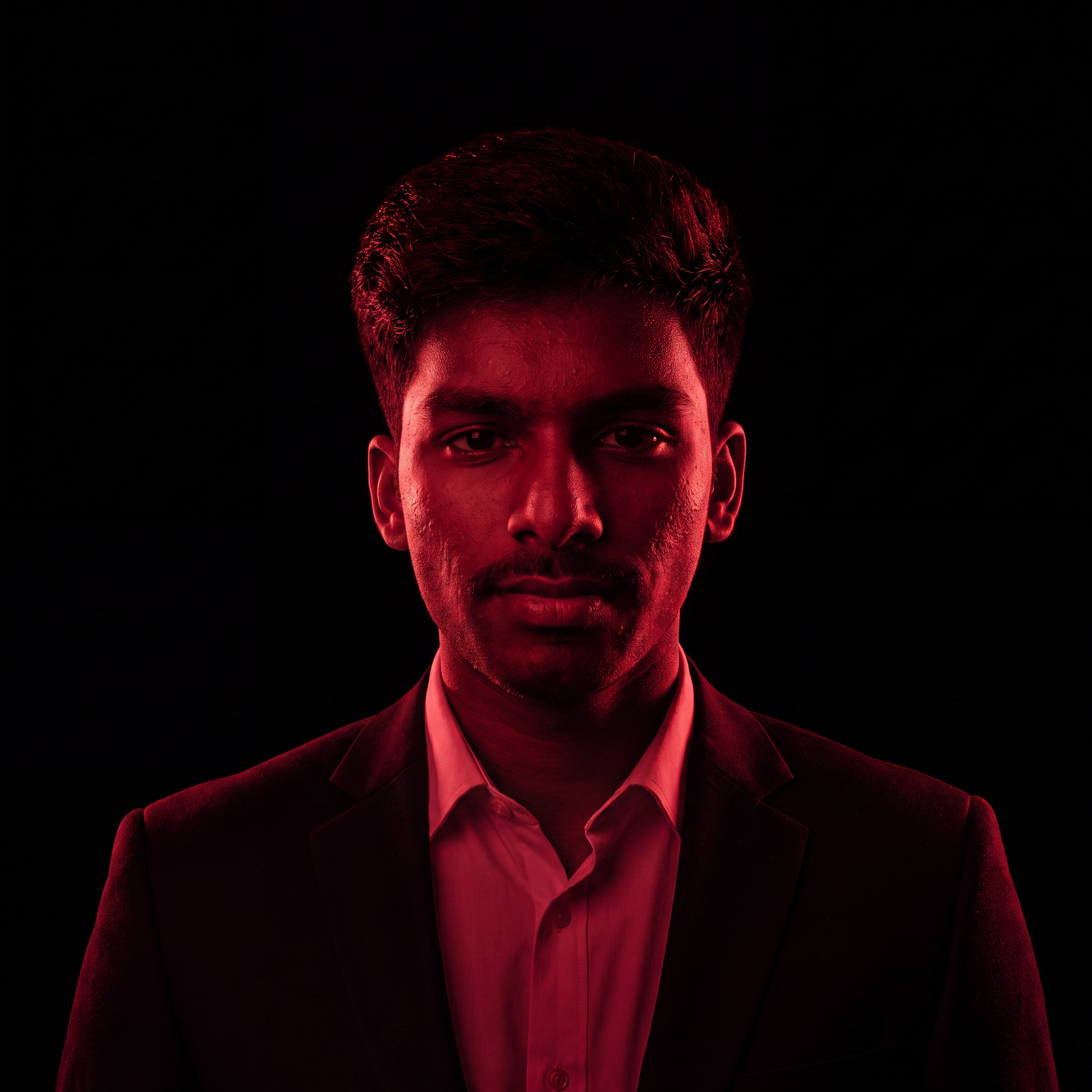 AI Design for Cinematic portrait, straight-on facial expression, hyper-realistic skin texture. Dramatic duotone lighting using only deep matte black (#000000) and rich crimson red (#B00020). Intense crimson directional side lighting sculpting the cheekbones, jawline, and hair texture, transitioning into deep black shadows on the opposite side. Minimalist, solid black background. Premium luxury fashion editorial aesthetic, high-contrast film noir style, sharp facial details, volumetric lighting, 8k resolution, photorealistic, no text, no logos. Use the attached image as the primary composition and structural reference.
