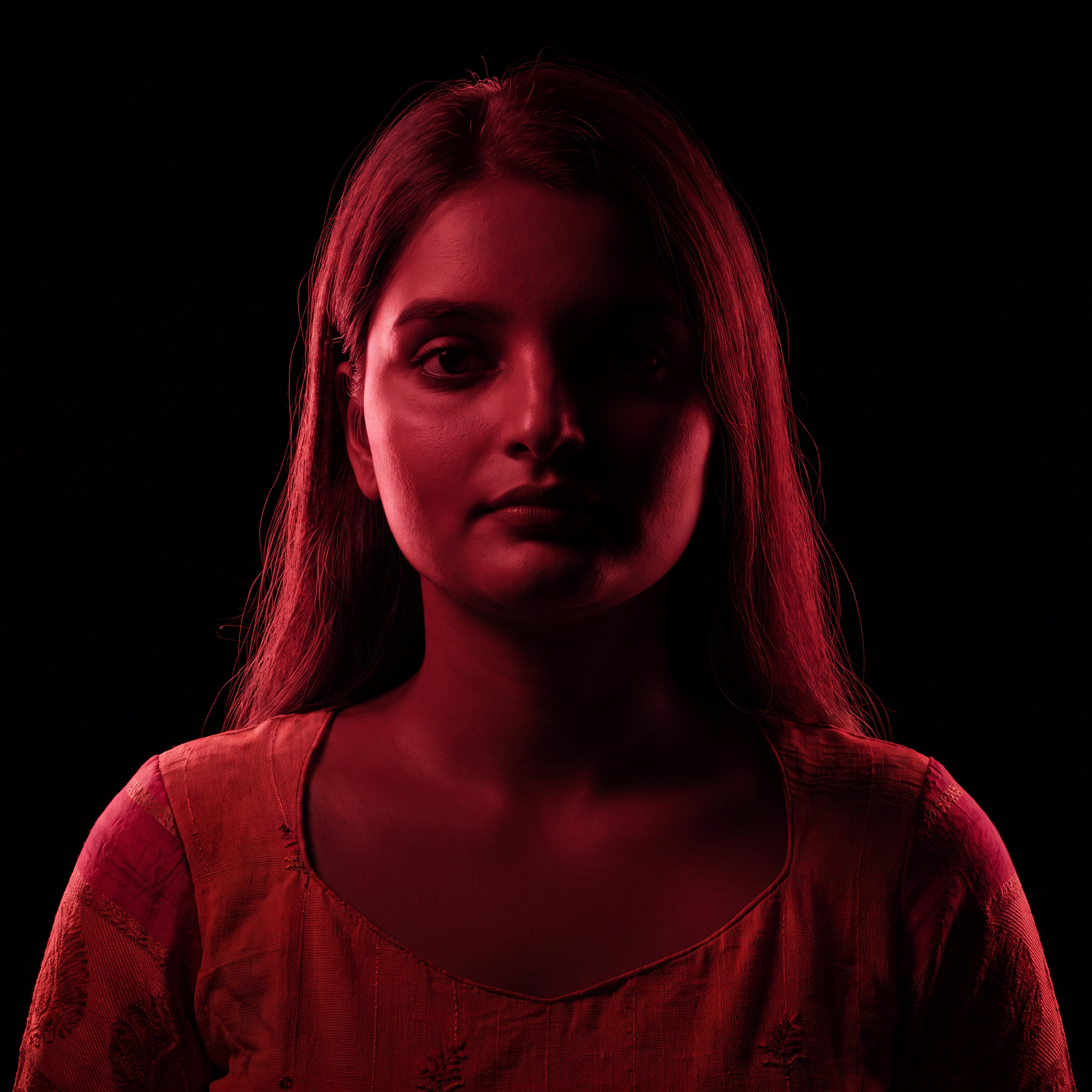 AI Design for Cinematic portrait, straight-on facial expression, hyper-realistic skin texture. Dramatic duotone lighting using only deep matte black (#000000) and rich crimson red (#B00020). Intense crimson directional side lighting sculpting the cheekbones, jawline, and hair texture, transitioning into deep black shadows on the opposite side. Minimalist, solid black background. Premium luxury fashion editorial aesthetic, high-contrast film noir style, sharp facial details, volumetric lighting, 8k resolution, photorealistic, no text, no logos. Use the attached image as the primary composition and structural reference.