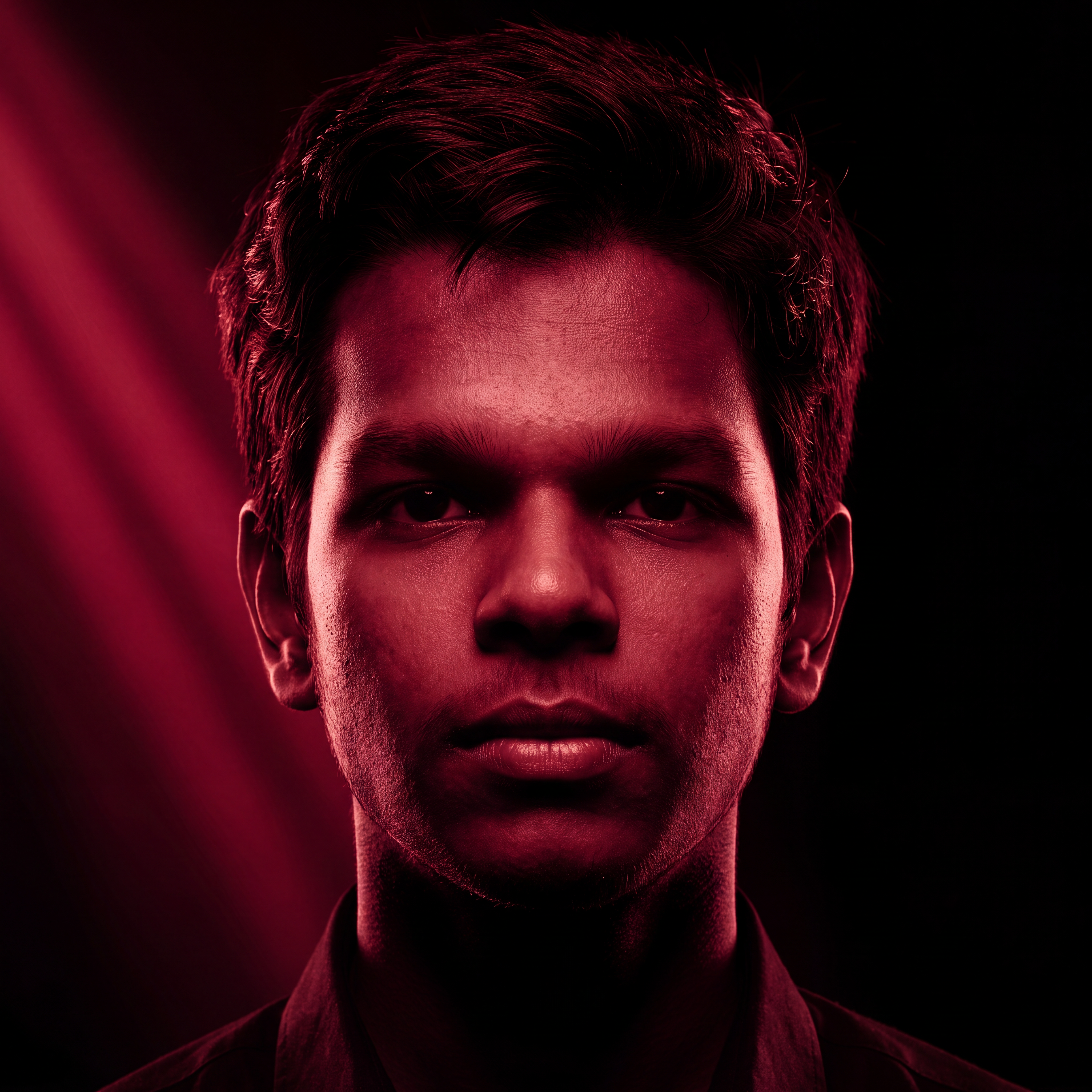 AI Design for Cinematic portrait, straight-on facial expression, hyper-realistic skin texture. Dramatic duotone lighting using only deep matte black (#000000) and rich crimson red (#B00020). Intense crimson directional side lighting sculpting the cheekbones, jawline, and hair texture, transitioning into deep black shadows on the opposite side. Minimalist, solid black background. Premium luxury fashion editorial aesthetic, high-contrast film noir style, sharp facial details, volumetric lighting, 8k resolution, photorealistic, no text, no logos. Use the attached image as the primary composition and structural reference.