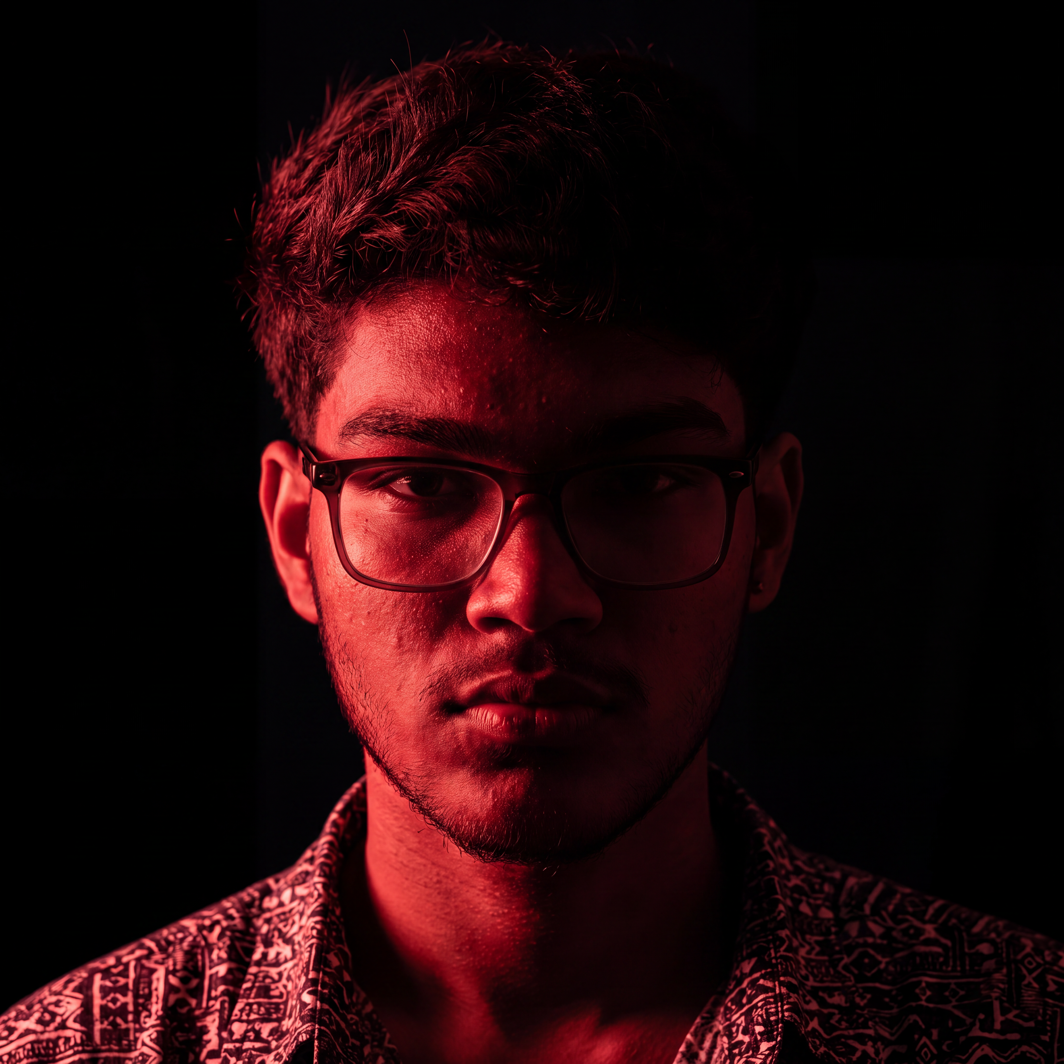 AI Design for Cinematic portrait, straight-on facial expression, hyper-realistic skin texture. Dramatic duotone lighting using only deep matte black (#000000) and rich crimson red (#B00020). Intense crimson directional side lighting sculpting the cheekbones, jawline, and hair texture, transitioning into deep black shadows on the opposite side. Minimalist, solid black background. Premium luxury fashion editorial aesthetic, high-contrast film noir style, sharp facial details, volumetric lighting, 8k resolution, photorealistic, no text, no logos. Use the attached image as the primary composition and structural reference.