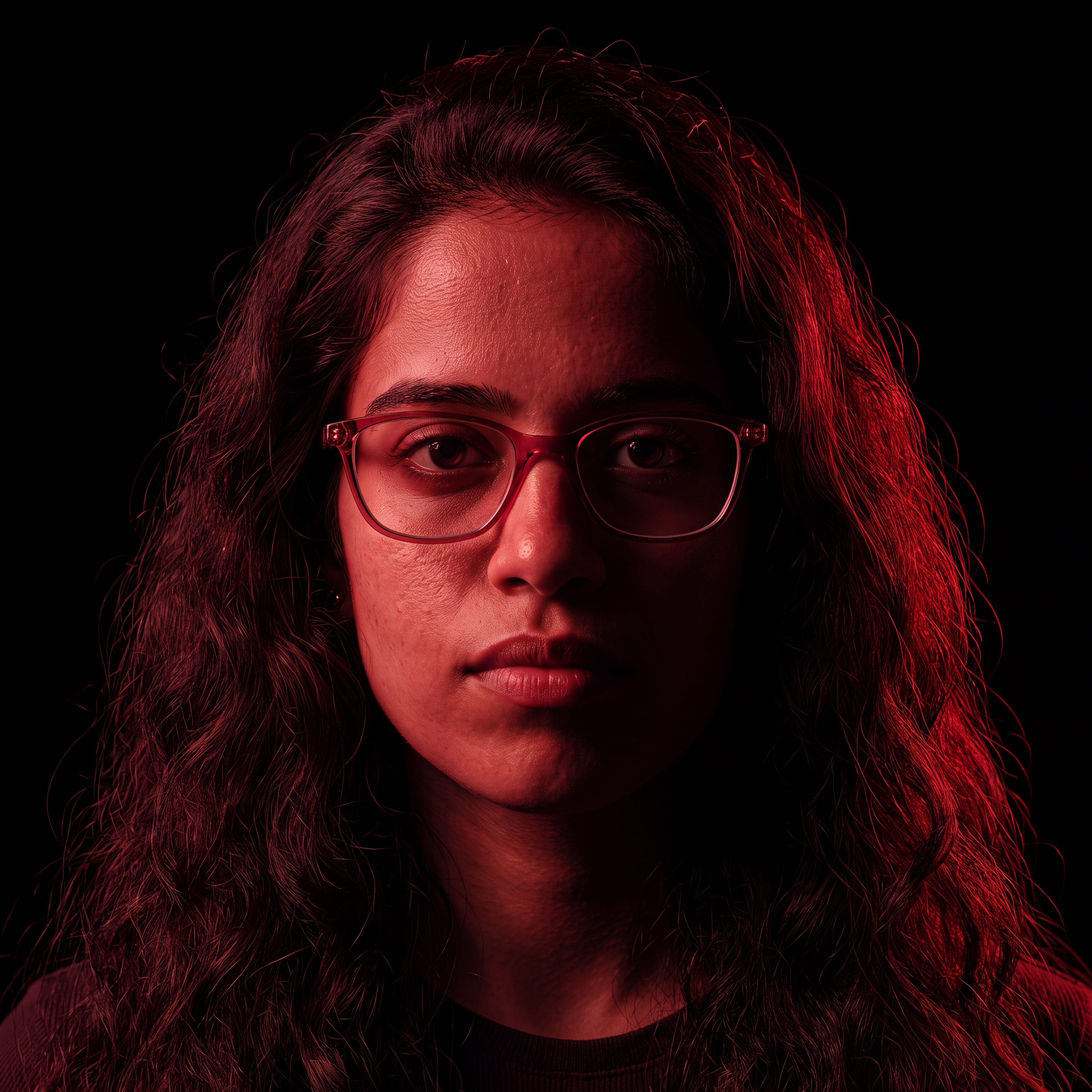 AI Design for Cinematic portrait, straight-on facial expression, hyper-realistic skin texture. Dramatic duotone lighting using only deep matte black (#000000) and rich crimson red (#B00020). Intense crimson directional side lighting sculpting the cheekbones, jawline, and hair texture, transitioning into deep black shadows on the opposite side. Minimalist, solid black background. Premium luxury fashion editorial aesthetic, high-contrast film noir style, sharp facial details, volumetric lighting, 8k resolution, photorealistic, no text, no logos. Use the attached image as the primary composition and structural reference.