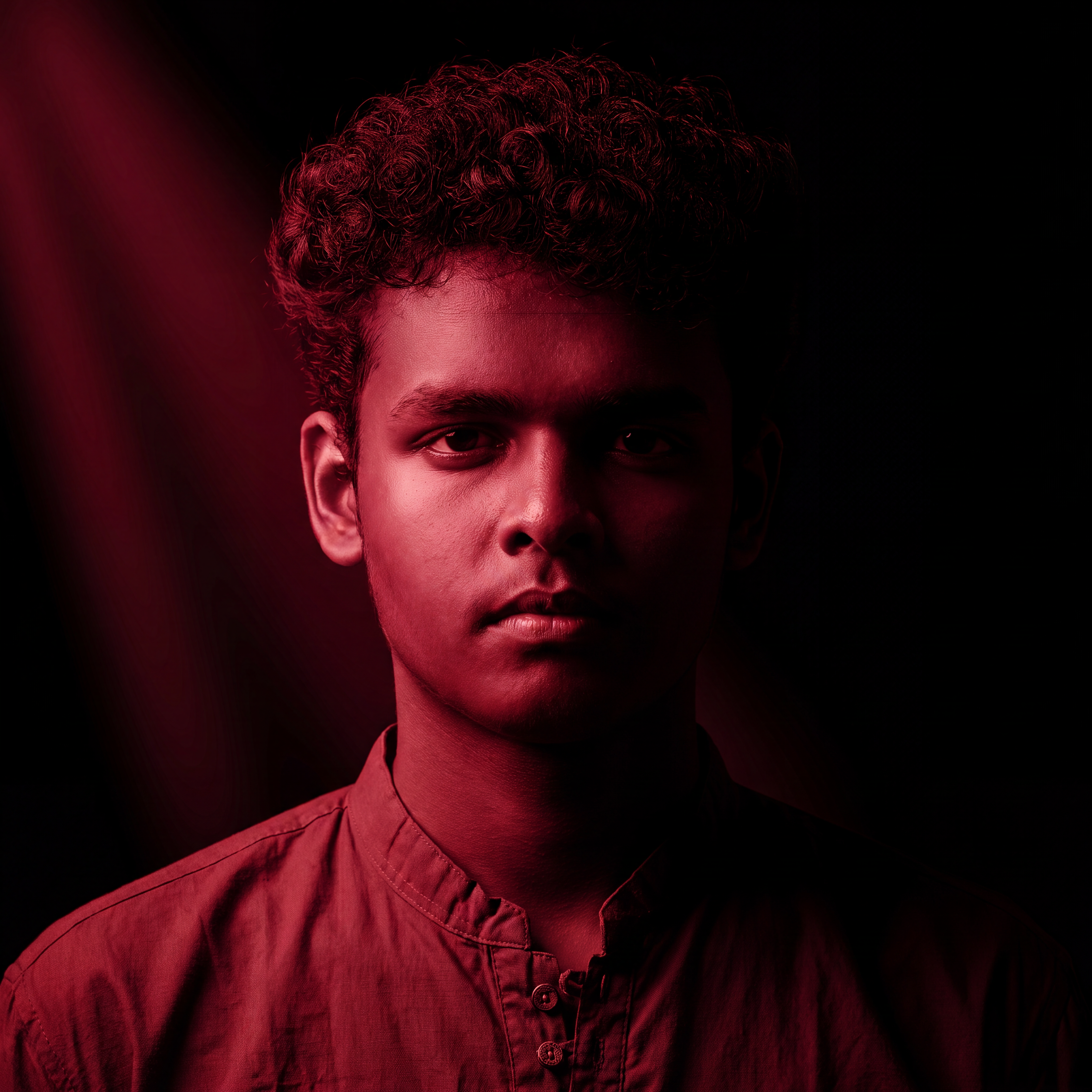 AI Design for Cinematic portrait, straight-on facial expression, hyper-realistic skin texture. Dramatic duotone lighting using only deep matte black (#000000) and rich crimson red (#B00020). Intense crimson directional side lighting sculpting the cheekbones, jawline, and hair texture, transitioning into deep black shadows on the opposite side. Minimalist, solid black background. Premium luxury fashion editorial aesthetic, high-contrast film noir style, sharp facial details, volumetric lighting, 8k resolution, photorealistic, no text, no logos. Use the attached image as the primary composition and structural reference.