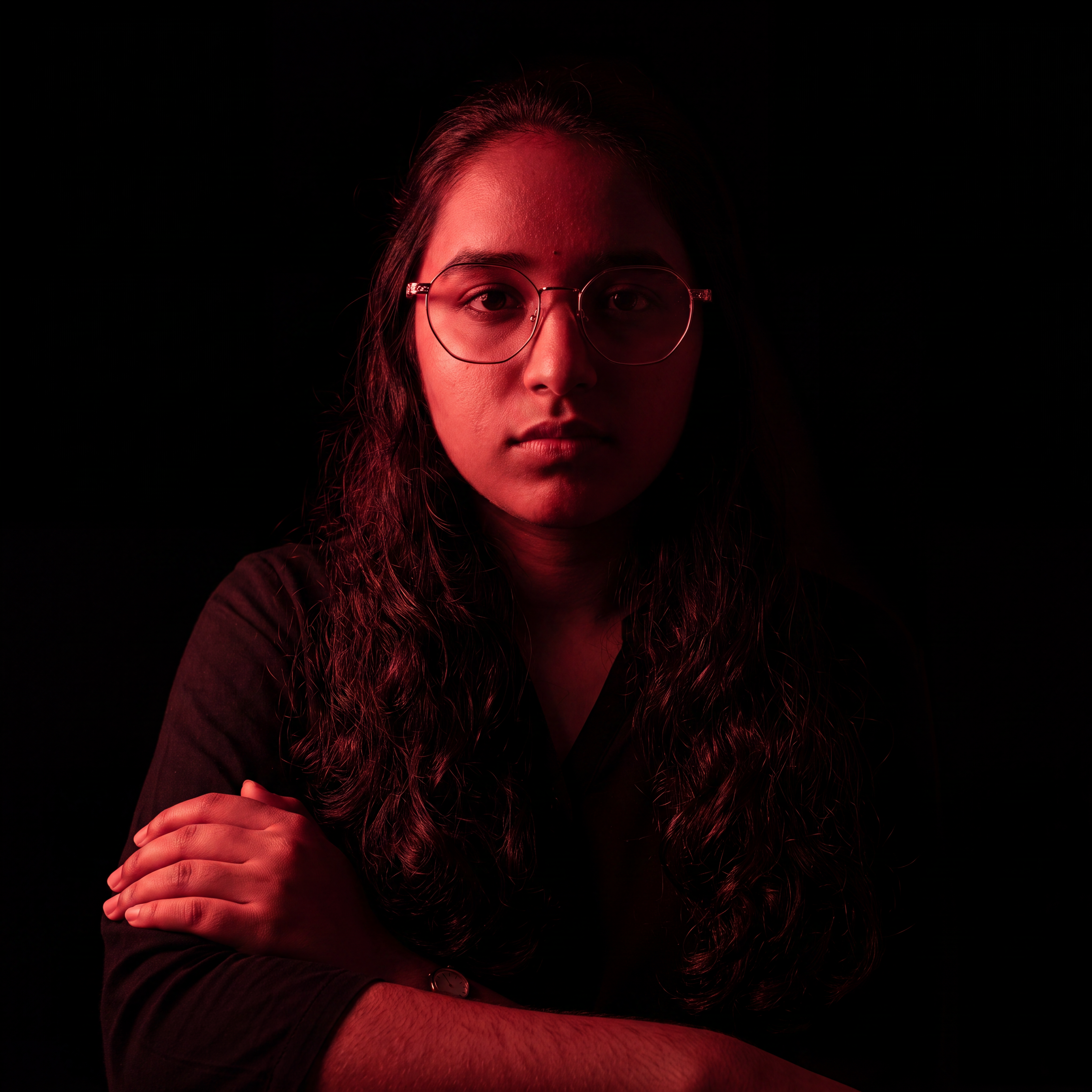 AI Design for Cinematic portrait, straight-on facial expression, hyper-realistic skin texture. Dramatic duotone lighting using only deep matte black (#000000) and rich crimson red (#B00020). Intense crimson directional side lighting sculpting the cheekbones, jawline, and hair texture, transitioning into deep black shadows on the opposite side. Minimalist, solid black background. Premium luxury fashion editorial aesthetic, high-contrast film noir style, sharp facial details, volumetric lighting, 8k resolution, photorealistic, no text, no logos. Use the attached image as the primary composition and structural reference.
