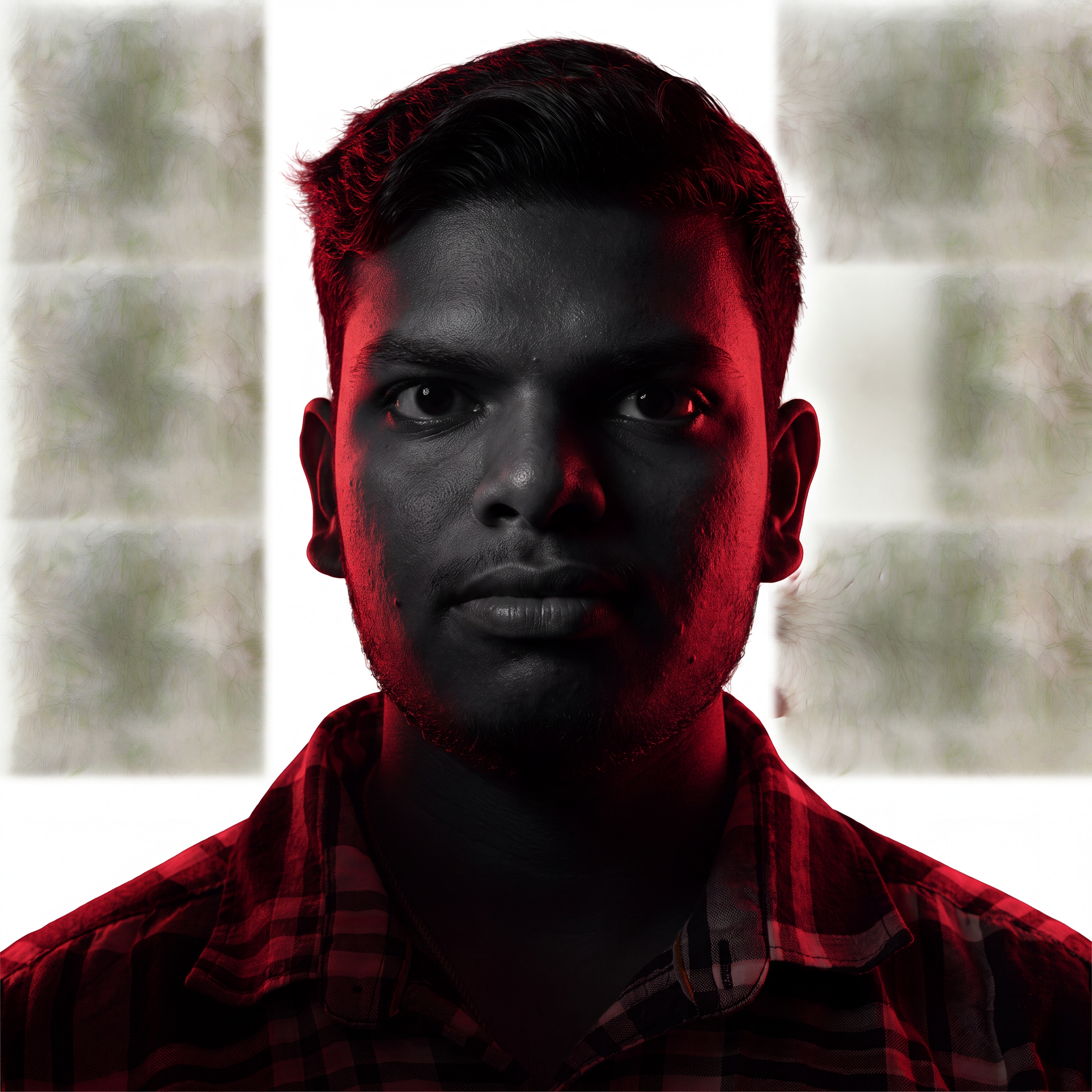 AI Design for Cinematic portrait, straight-on facial expression, hyper-realistic skin texture. Dramatic duotone lighting using only deep matte black (#000000) and rich crimson red (#B00020). Intense crimson directional side lighting sculpting the cheekbones, jawline, and hair texture, transitioning into deep black shadows on the opposite side. Minimalist, solid black background. Premium luxury fashion editorial aesthetic, high-contrast film noir style, sharp facial details, volumetric lighting, 8k resolution, photorealistic, no text, no logos. Use the attached image as the primary composition and structural reference.