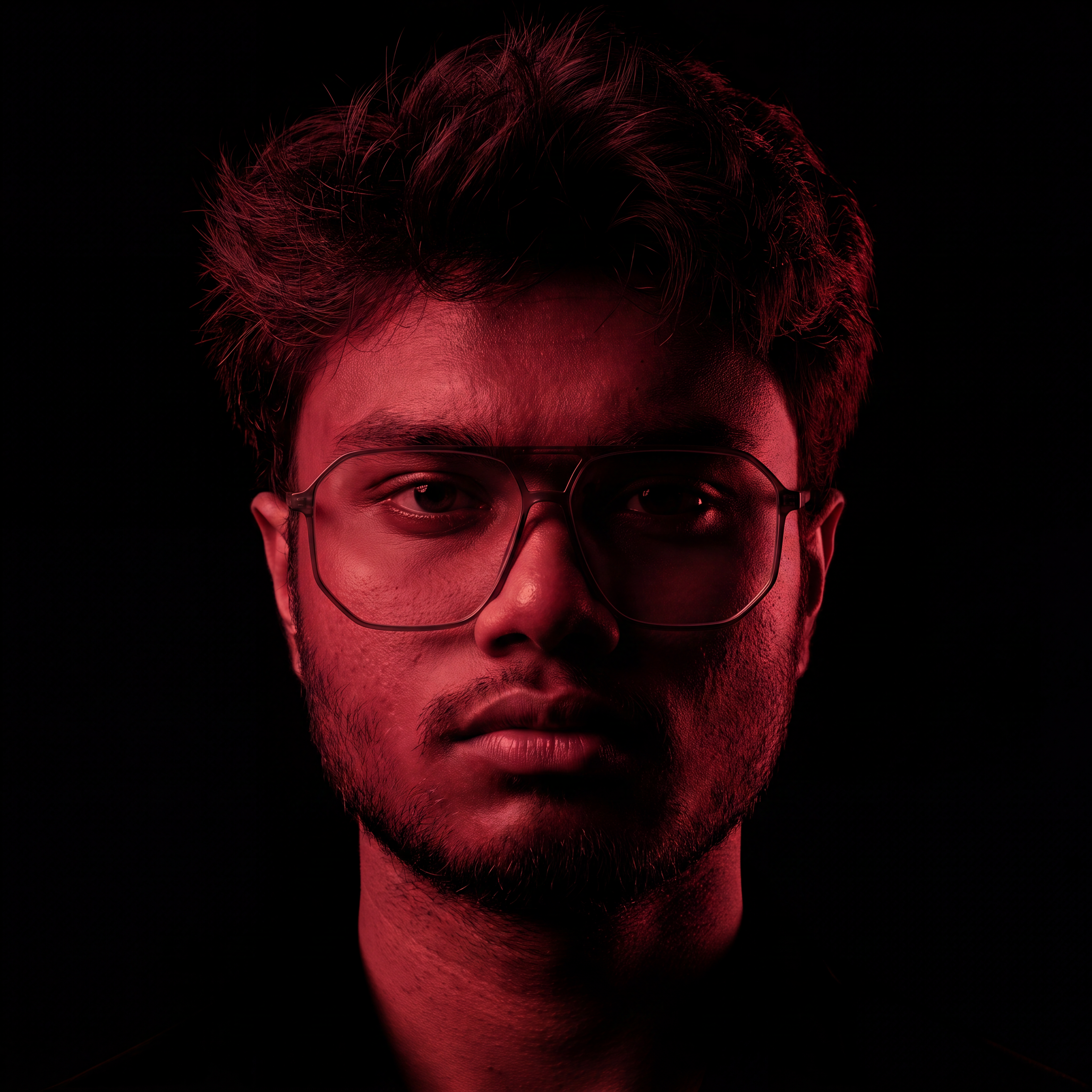 AI Design for Cinematic portrait, straight-on facial expression, hyper-realistic skin texture. Dramatic duotone lighting using only deep matte black (#000000) and rich crimson red (#B00020). Intense crimson directional side lighting sculpting the cheekbones, jawline, and hair texture, transitioning into deep black shadows on the opposite side. Minimalist, solid black background. Premium luxury fashion editorial aesthetic, high-contrast film noir style, sharp facial details, volumetric lighting, 8k resolution, photorealistic, no text, no logos. Use the attached image as the primary composition and structural reference.