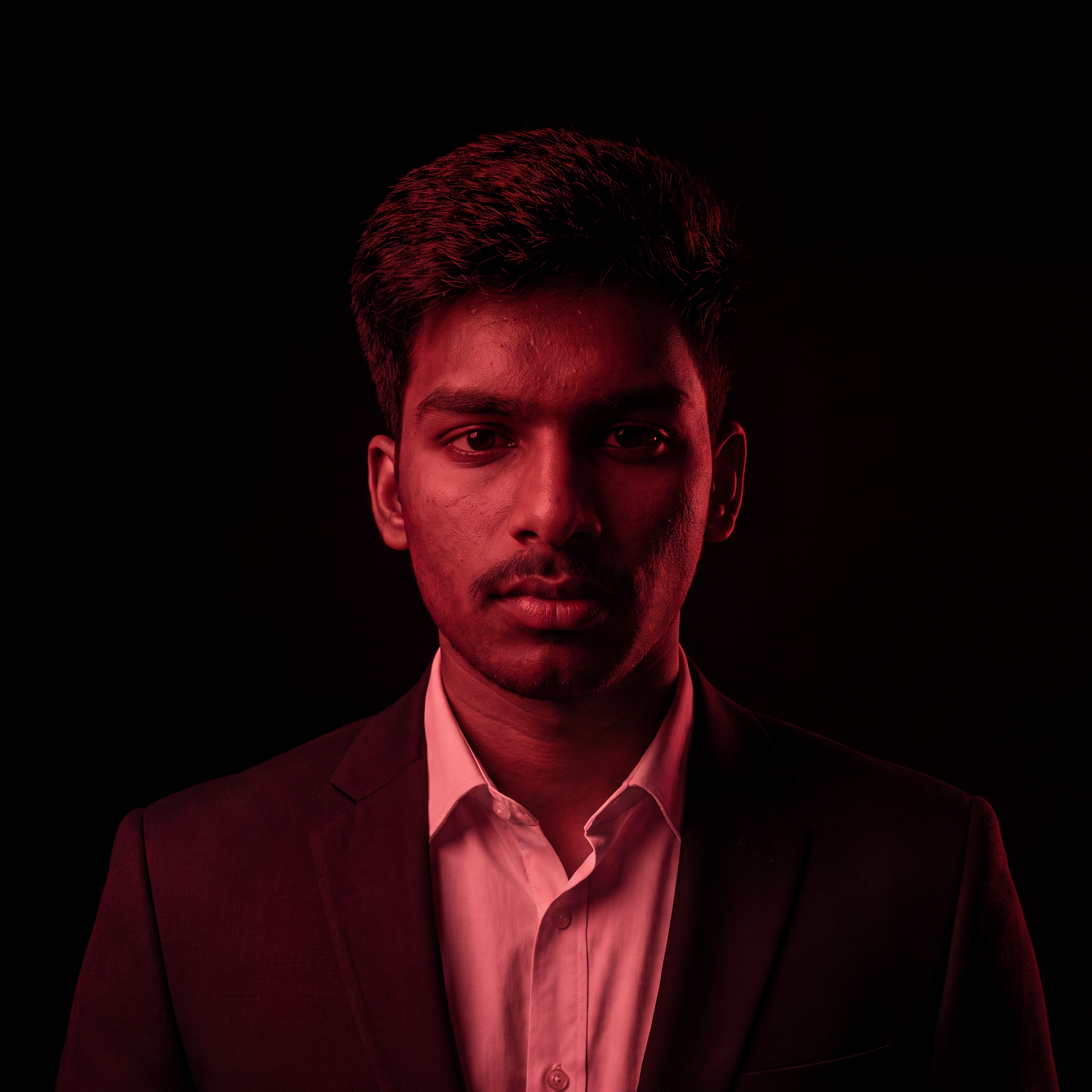 AI Design for Cinematic portrait, straight-on facial expression, hyper-realistic skin texture. Dramatic duotone lighting using only deep matte black (#000000) and rich crimson red (#B00020). Intense crimson directional side lighting sculpting the cheekbones, jawline, and hair texture, transitioning into deep black shadows on the opposite side. Minimalist, solid black background. Premium luxury fashion editorial aesthetic, high-contrast film noir style, sharp facial details, volumetric lighting, 8k resolution, photorealistic, no text, no logos. Use the attached image as the primary composition and structural reference.