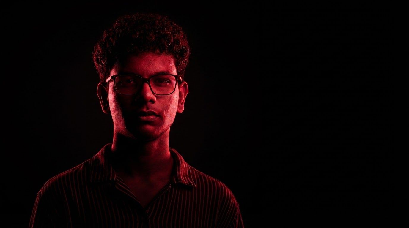 AI Design for Wide campaign hero photograph for Monochromatic Red Portrait. A portrait of a person with curly hair and glasses, wearing a dark pinstriped shirt. The scene is lit with a strong red monochromatic light against a solid black background. Premium advertising composition with the product as focal point, cinematic lighting, clean negative space on one side for copy to be added later, no rendered words or logos beyond the reference product.