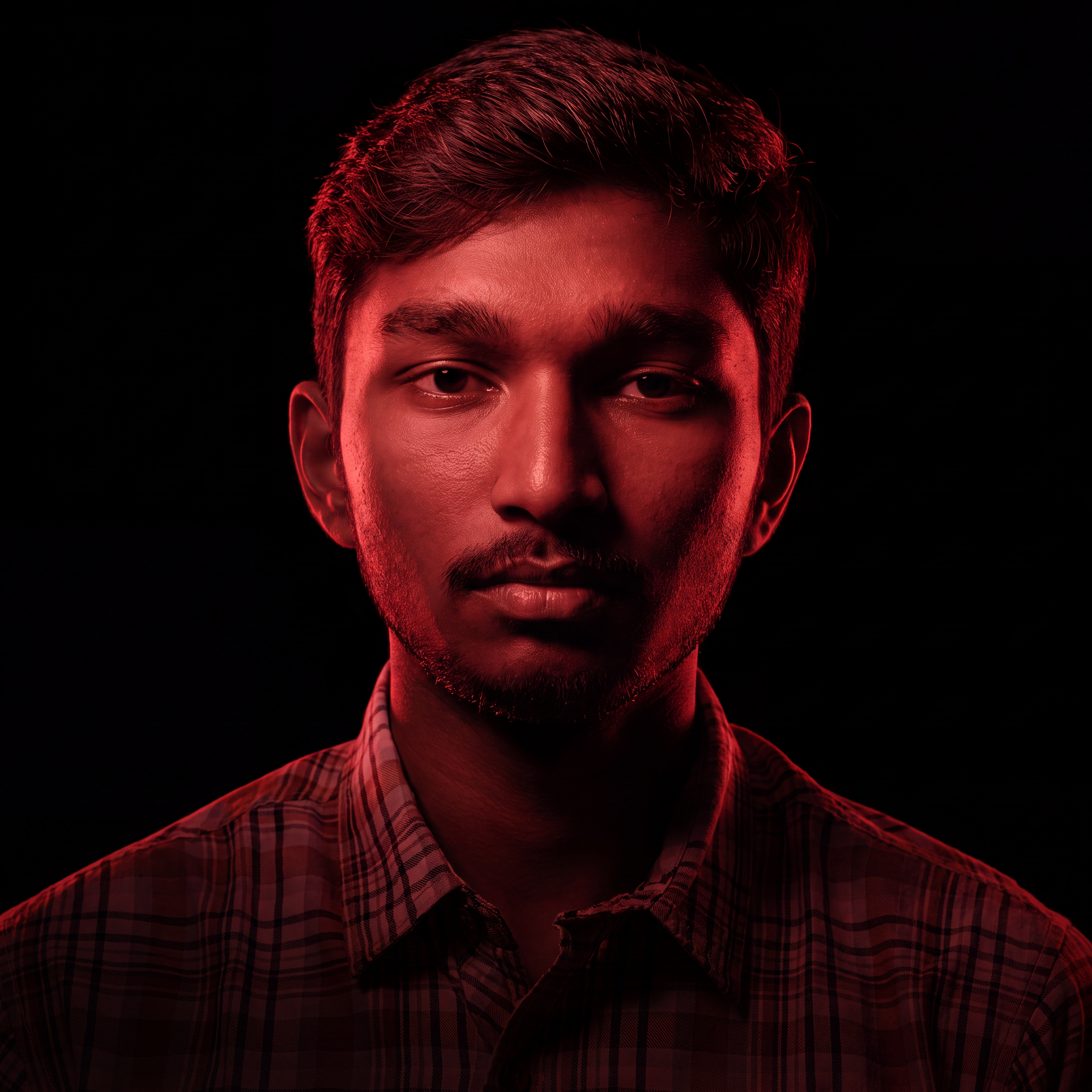 AI Design for Cinematic portrait, straight-on facial expression, hyper-realistic skin texture. Dramatic duotone lighting using only deep matte black (#000000) and rich crimson red (#B00020). Intense crimson directional side lighting sculpting the cheekbones, jawline, and hair texture, transitioning into deep black shadows on the opposite side. Minimalist, solid black background. Premium luxury fashion editorial aesthetic, high-contrast film noir style, sharp facial details, volumetric lighting, 8k resolution, photorealistic, no text, no logos. Use the attached image as the primary composition and structural reference.