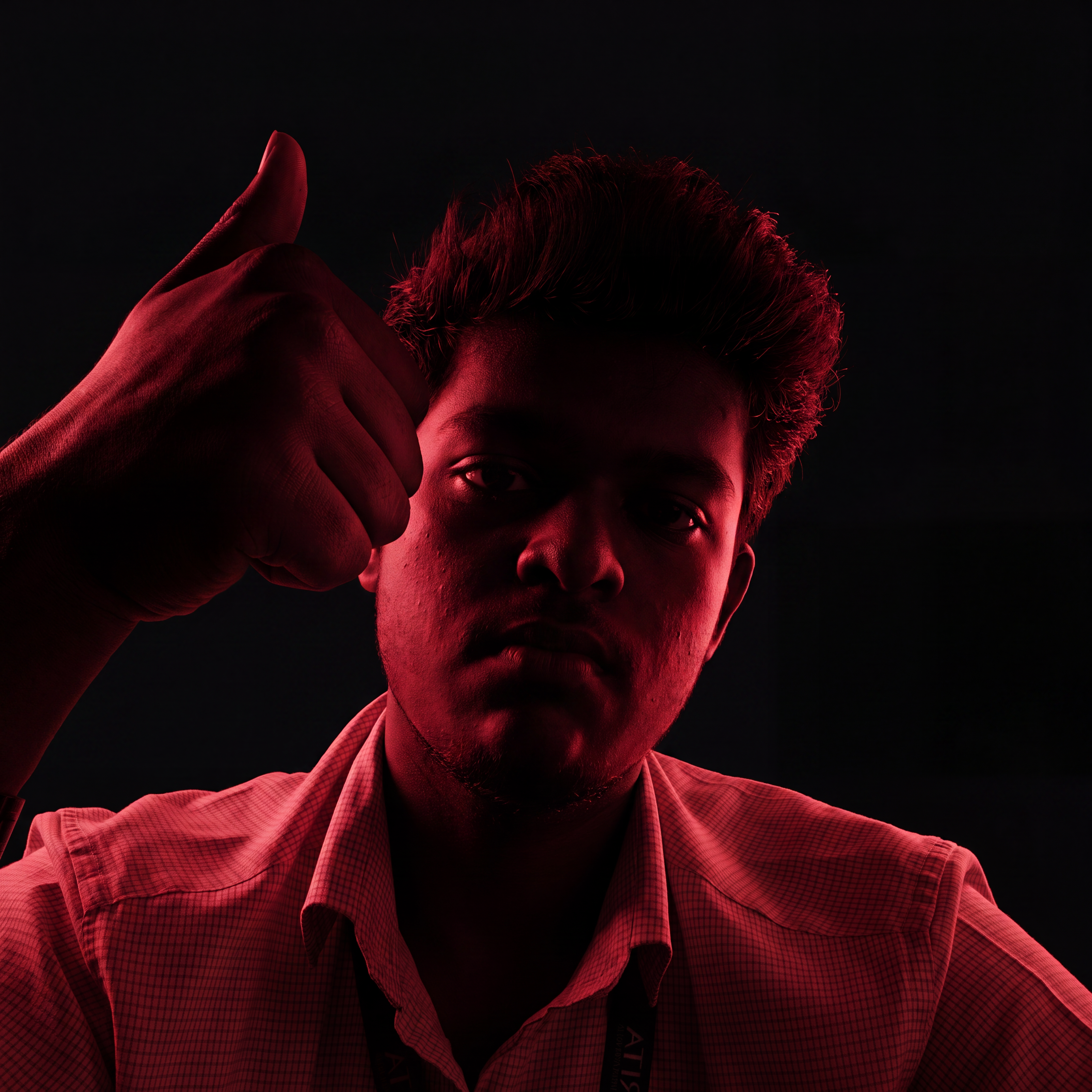 AI Design for Cinematic portrait, straight-on facial expression, hyper-realistic skin texture. Dramatic duotone lighting using only deep matte black (#000000) and rich crimson red (#B00020). Intense crimson directional side lighting sculpting the cheekbones, jawline, and hair texture, transitioning into deep black shadows on the opposite side. Minimalist, solid black background. Premium luxury fashion editorial aesthetic, high-contrast film noir style, sharp facial details, volumetric lighting, 8k resolution, photorealistic, no text, no logos. Use the attached image as the primary composition and structural reference.