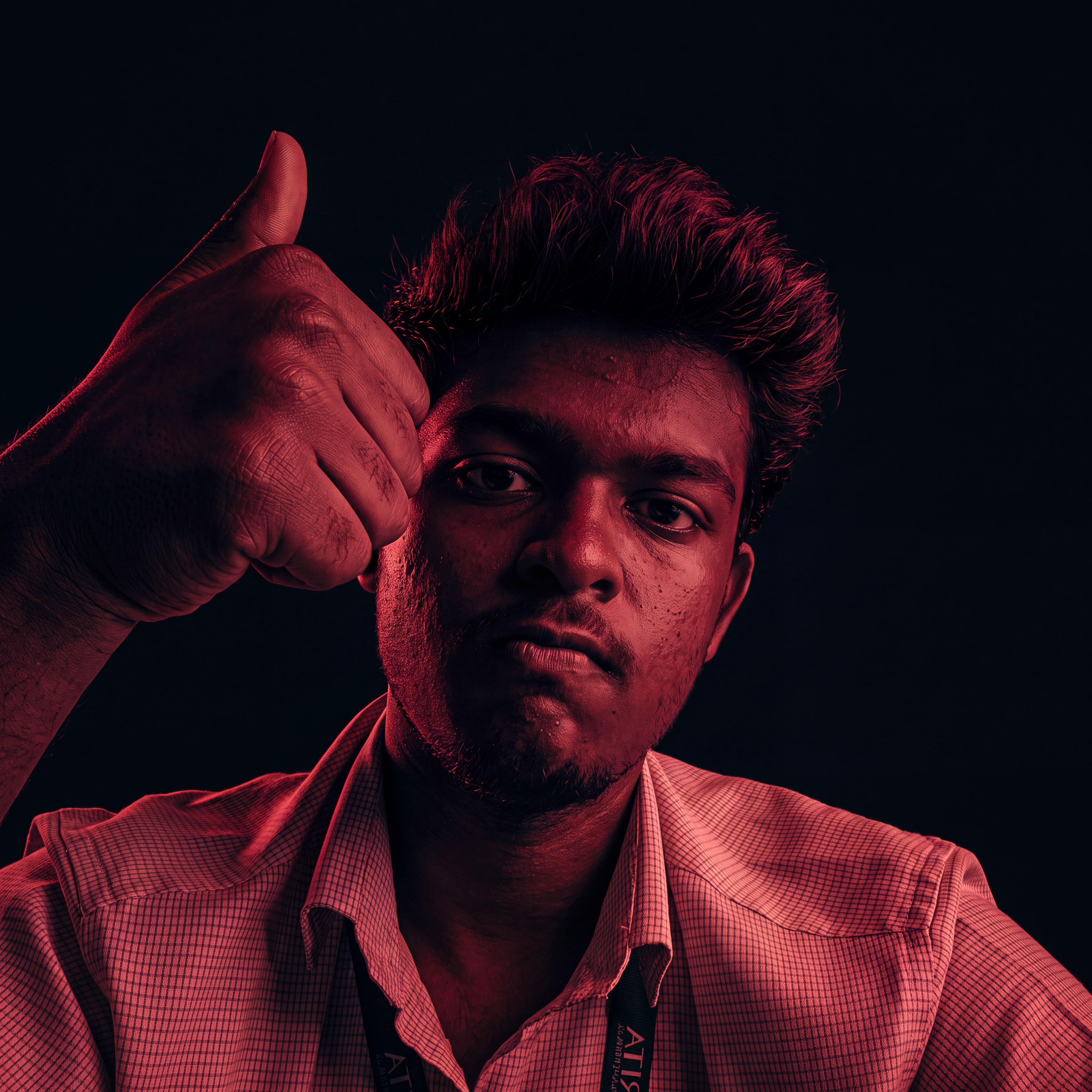 AI Design for Cinematic portrait, straight-on facial expression, hyper-realistic skin texture. Dramatic duotone lighting using only deep matte black (#000000) and rich crimson red (#B00020). Intense crimson directional side lighting sculpting the cheekbones, jawline, and hair texture, transitioning into deep black shadows on the opposite side. Minimalist, solid black background. Premium luxury fashion editorial aesthetic, high-contrast film noir style, sharp facial details, volumetric lighting, 8k resolution, photorealistic, no text, no logos. Use the attached image as the primary composition and structural reference.
