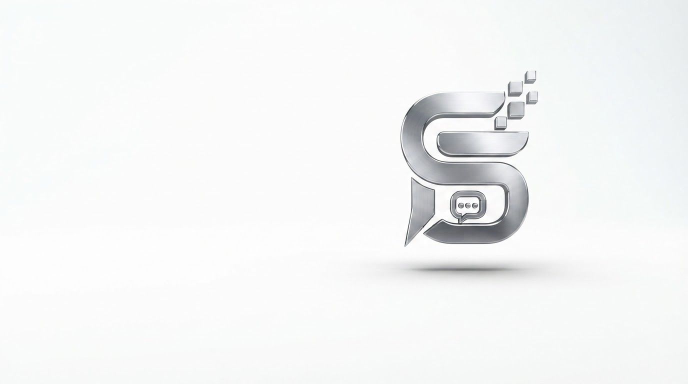 AI Design for Wide campaign hero photograph for SmartFiQ. The image is a silver metallic logo for 'SmartFiQ', featuring a stylized letter 'S' integrated with a speech bubble icon and digital pixel elements. It has a polished, reflective finish and a subtle drop shadow on a plain white background. Premium advertising composition with the product as focal point, cinematic lighting, clean negative space on one side for copy to be added later, no rendered words or logos beyond the reference product.