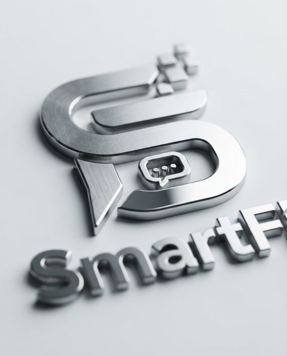 AI Design for Macro detail photograph of SmartFiQ highlighting material quality, finish, texture, or signature product detail. The image is a silver metallic logo for 'SmartFiQ', featuring a stylized letter 'S' integrated with a speech bubble icon and digital pixel elements. It has a polished, reflective finish and a subtle drop shadow on a plain white background. Premium close-up lighting, tactile realism, shallow depth of field, product detail sharp and accurate.