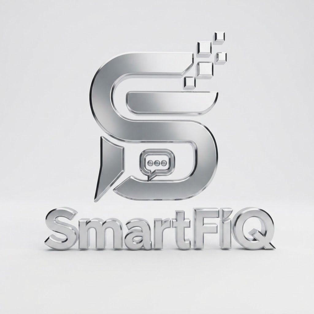 AI Design for High-end studio product photograph of SmartFiQ. The image is a silver metallic logo for 'SmartFiQ', featuring a stylized letter 'S' integrated with a speech bubble icon and digital pixel elements. It has a polished, reflective finish and a subtle drop shadow on a plain white background. Product centered as the clear hero, clean neutral background, controlled softbox lighting, realistic contact shadow, crisp edges, accurate material texture, no readable text added.