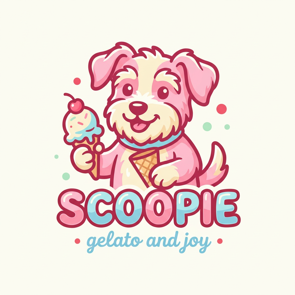 AI Design for create a mascot who is a cute dog ,it should be outline logo for the brand scoopie and the font style will be bultik for the brand name and also add the tagline " gelato and joy" underneath the mascot and the logo name. Bubblegum & Sky” — a sweet, high-joy palette. Pink leads, baby blue cools it,buttercream & cream keep it appetising, cherry adds the pop.Lead with pink & cream (~60%), support with sky & buttercream (~30%), punctuate with cherry & mint (~10%).