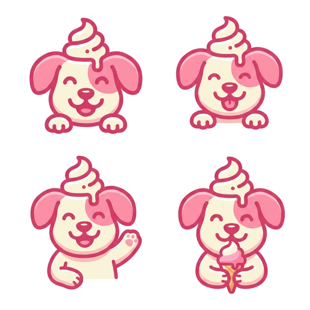 AI Design for extract the mascot from the image and give me variations where the puppy is waving, holding an ice cream