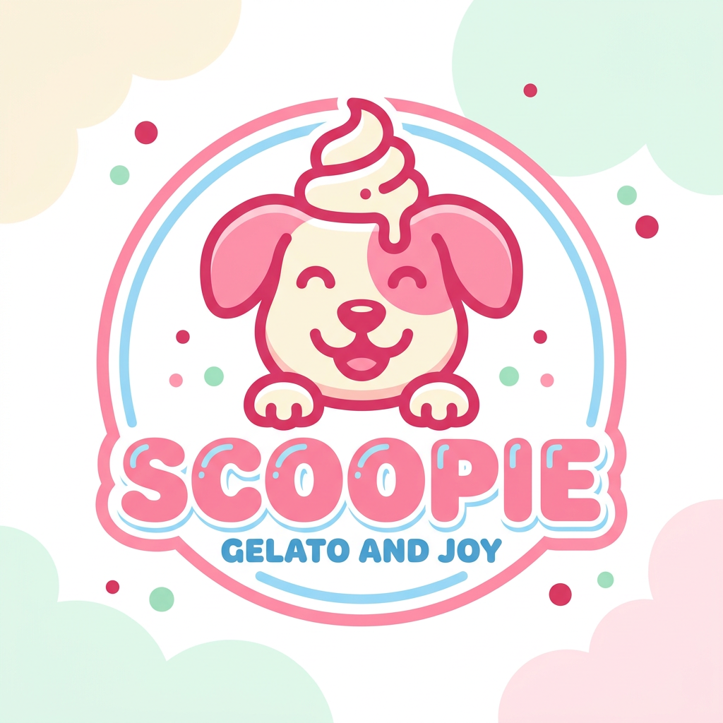 AI Design for create a mascot who is a cute dog ,it should be outline logo for the brand scoopie and the font style will be bultik for the brand name and also add the tagline " gelato and joy" underneath the mascot and the logo name. Bubblegum & Sky” — a sweet, high-joy palette. Pink leads, baby blue cools it,buttercream & cream keep it appetising, cherry adds the pop.Lead with pink & cream (~60%), support with sky & buttercream (~30%), punctuate with cherry & mint (~10%).
